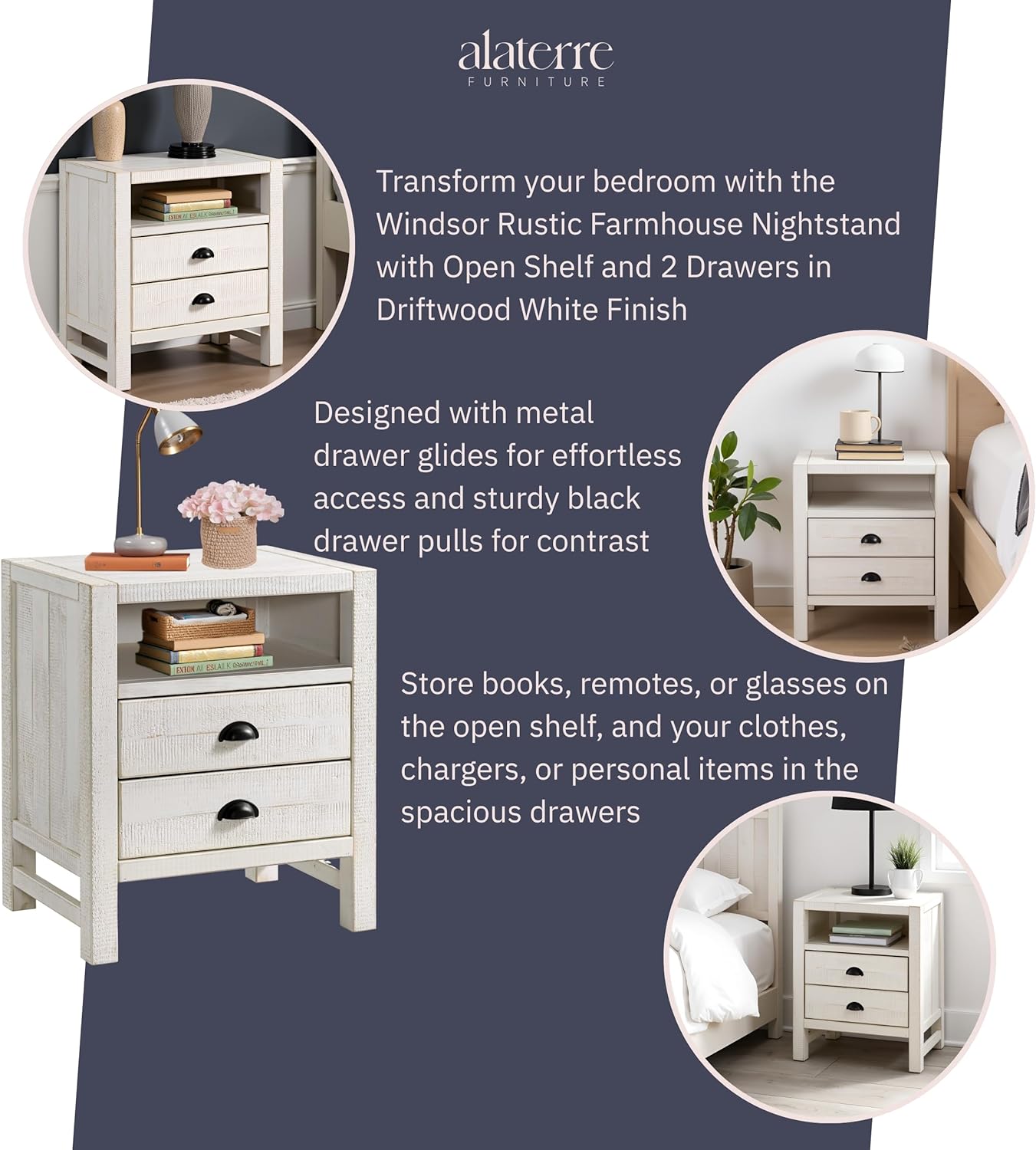 Alaterre Furniture Windsor 2-Drawer Nightstand, Kids Bedroom Bedside Table, Driftwood White, Pine Wood with Metal Glides, Rustic Finish, 22 in. W x 17 in. D x 25 in. H