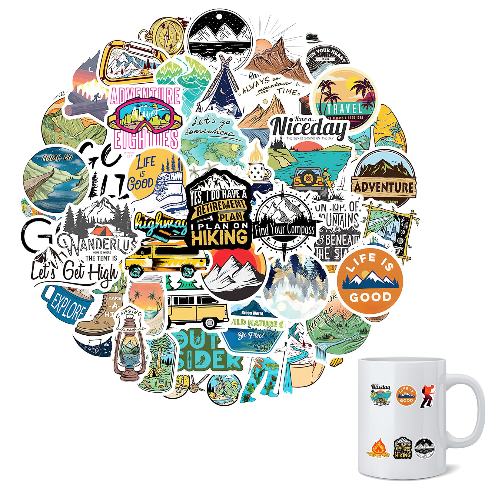 Pack de 50 Pegatinas de Camping y Aventura al Aire Libre, Vinilo Impermeable para Ordenador Portátil, Botella de Agua, Equipaje, Bicicleta, Monopatín, Moto - Diseños de Naturaleza y Viaje