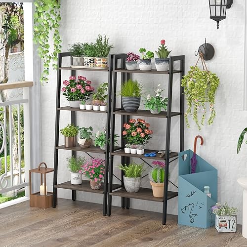 Miniatura 5 de Tangkula Estantería de escalera, estantería industrial de madera de 4 niveles con marco de metal, dispositivo antivuelco, estante de escalera