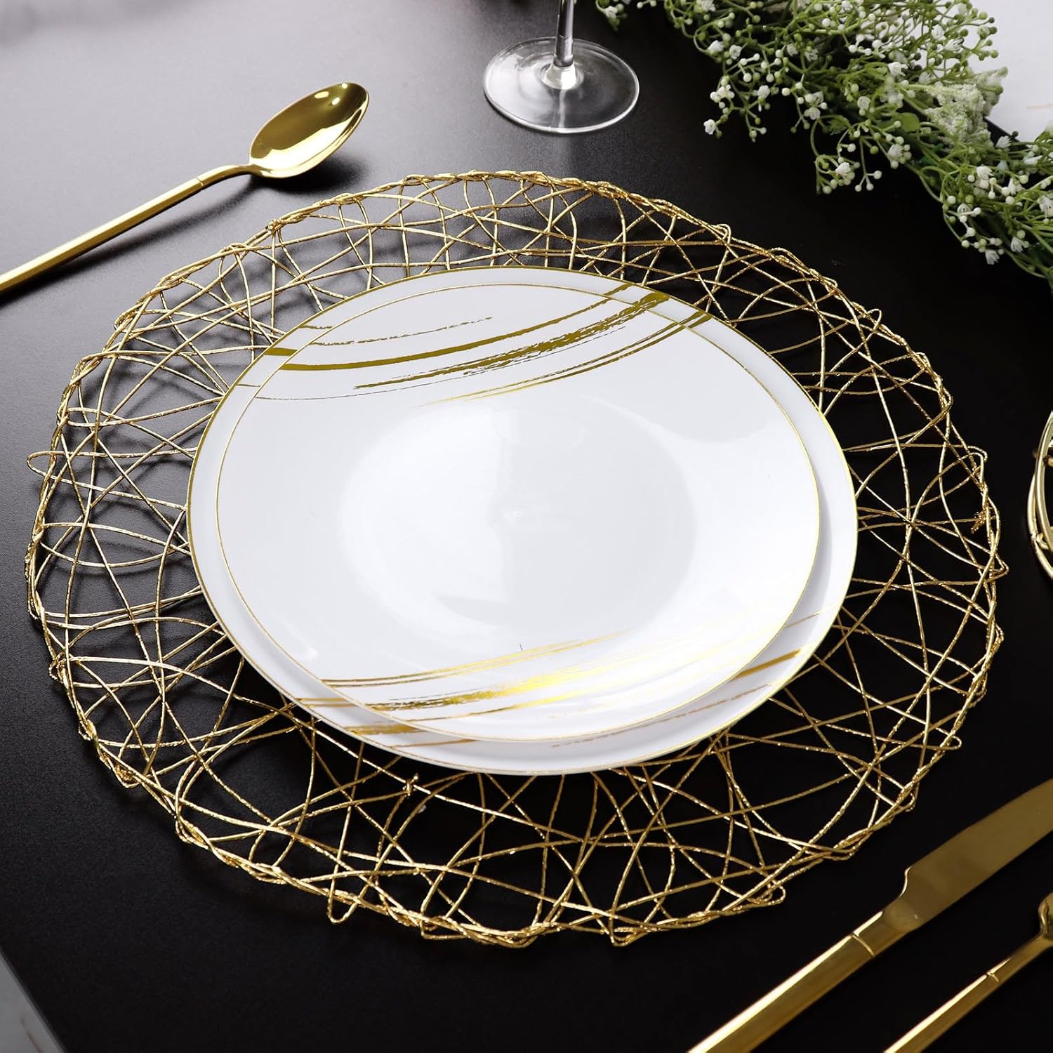 Gold 15'' Round Metallic String Placemats Set of 6