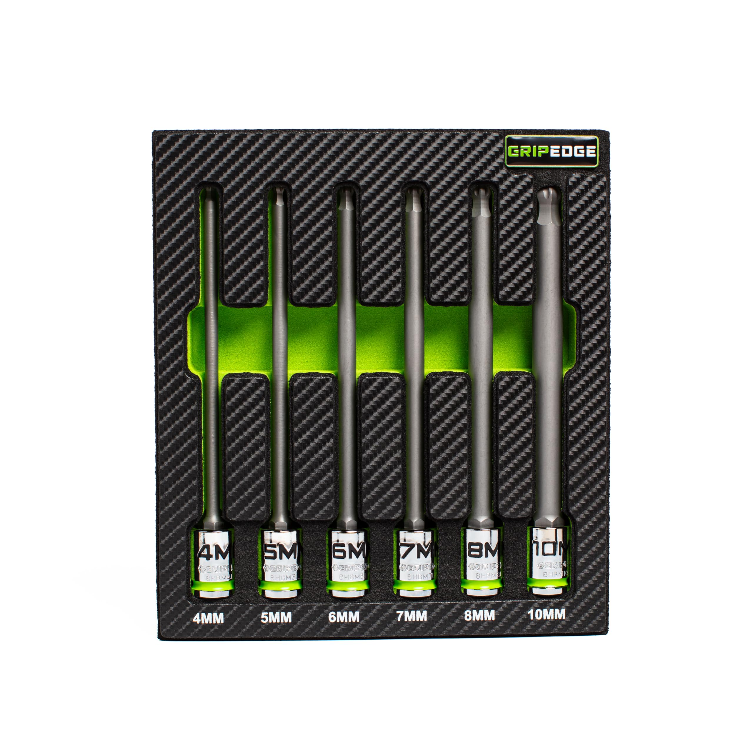 Grip Edge | 6-PC RPT 3/8'' Drive Long Metric Ball Hex Driver Set | Includes Sizes 4mm, 5mm, 6mm, 7mm, 8mm & 10mm| Includes Premium Foam Storage Tray |