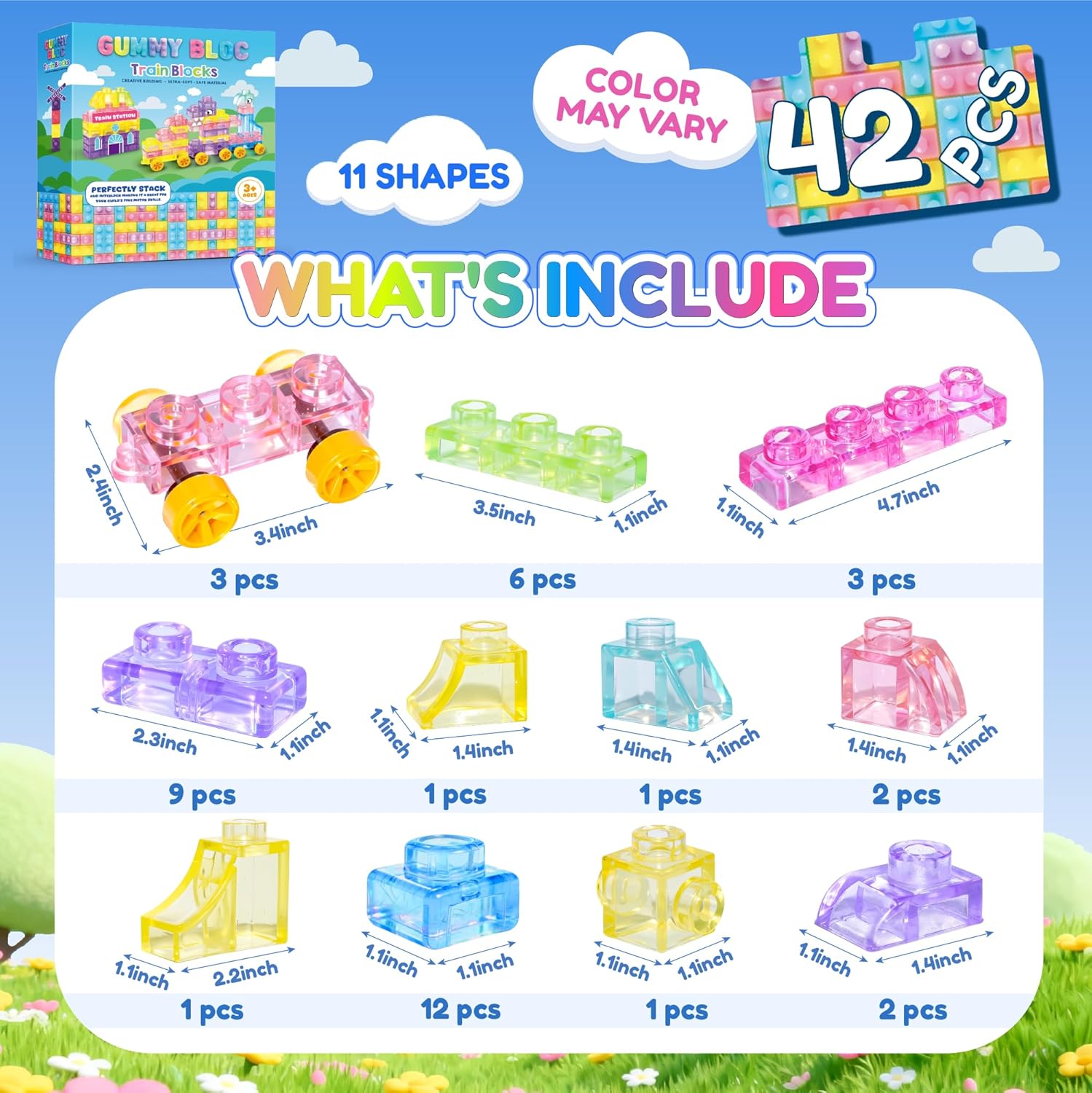 Soft Train Building Blocks with Wheels, 42 PCS Montessori Sensory Stacking Blocks, Toddler Learning Toy with Station, Squeezable, Stretchable & Stackable Tactile Toys, Preschool Creative Play for Kids