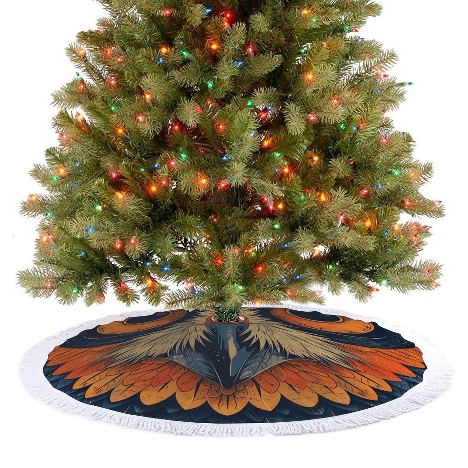 Retro Color Owl Christmas Tree Skirt 48"x48" Rustic Xmas Tree Mat with Tassel Ornament Christmas Trees Cover Skirt Mat for Evergreen Trees Ornament Winter Holiday Mats Decorations