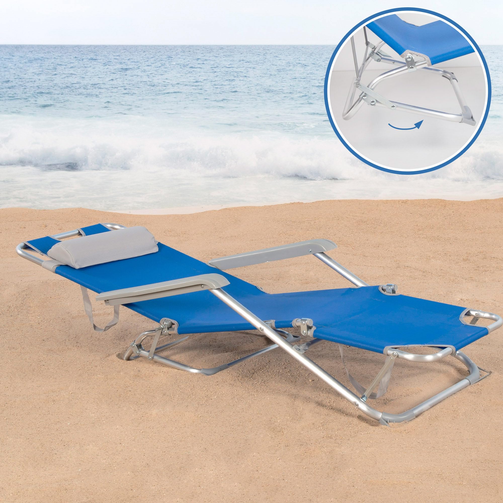AKTIVE 62300 - Tumbona plegable y reclinable Azul con cojín, 3 posiciones, de aluminio y textileno, Medidas: 47x95x80 cm, Peso máx. soportado 110Kg, Tumbonas plegables para playa, terraza y camping