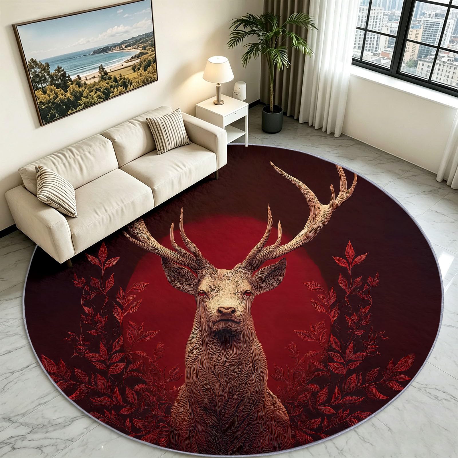 Tappeto rotondo lavabile, 60 cm, morbido tappeto rotondo con stampa di animali selvatici, foresta, cervi, cervi a pelo corto, antiscivolo, per ingresso, soggiorno, camera da letto, accanto al divano e