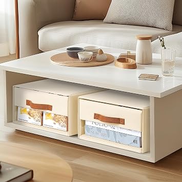 6 Pack Stackable Wardrobe Storage Drawers - Foldable Pull-Out Boxes | DIMJ Closet Organiser Baskets with Clear Window for Clothes, Bedroom, Living Room,Airing Cupboard Shelves, Beige