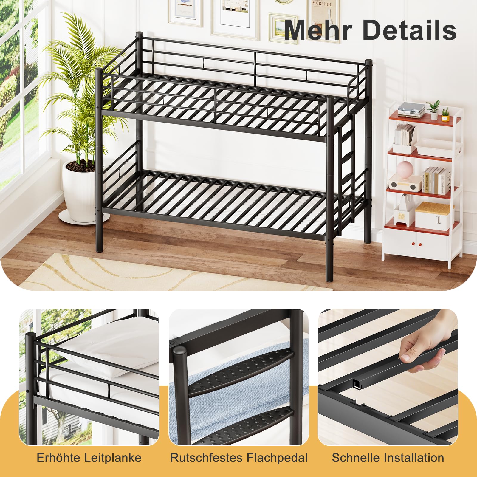 Letto a castello 90 x 200 cm, letto a castello in metallo può essere diviso in due letti singoli, letto a castello con scala e protezione dalle cadute per ragazzi e adulti, nero