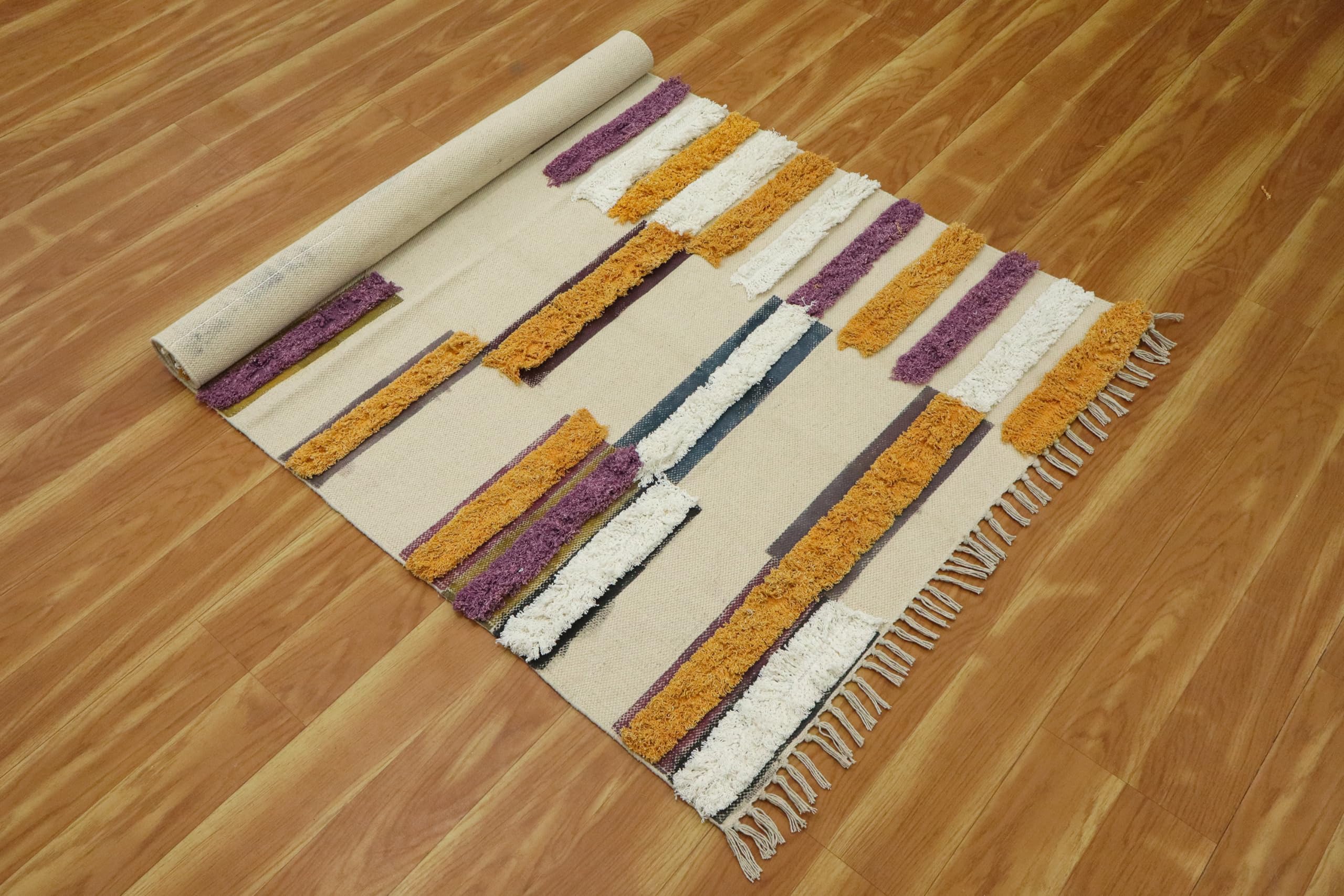 Kelim Teppich, 25,4 x 45,7 cm, für Wohnzimmer, Flachgewebe, Beige, mehrfarbig, Baumwollteppich, Stickerei, waschbar, Dhurrie, für drinnen und draußen, Boho, Rus für große Fläche, Esszimmer,