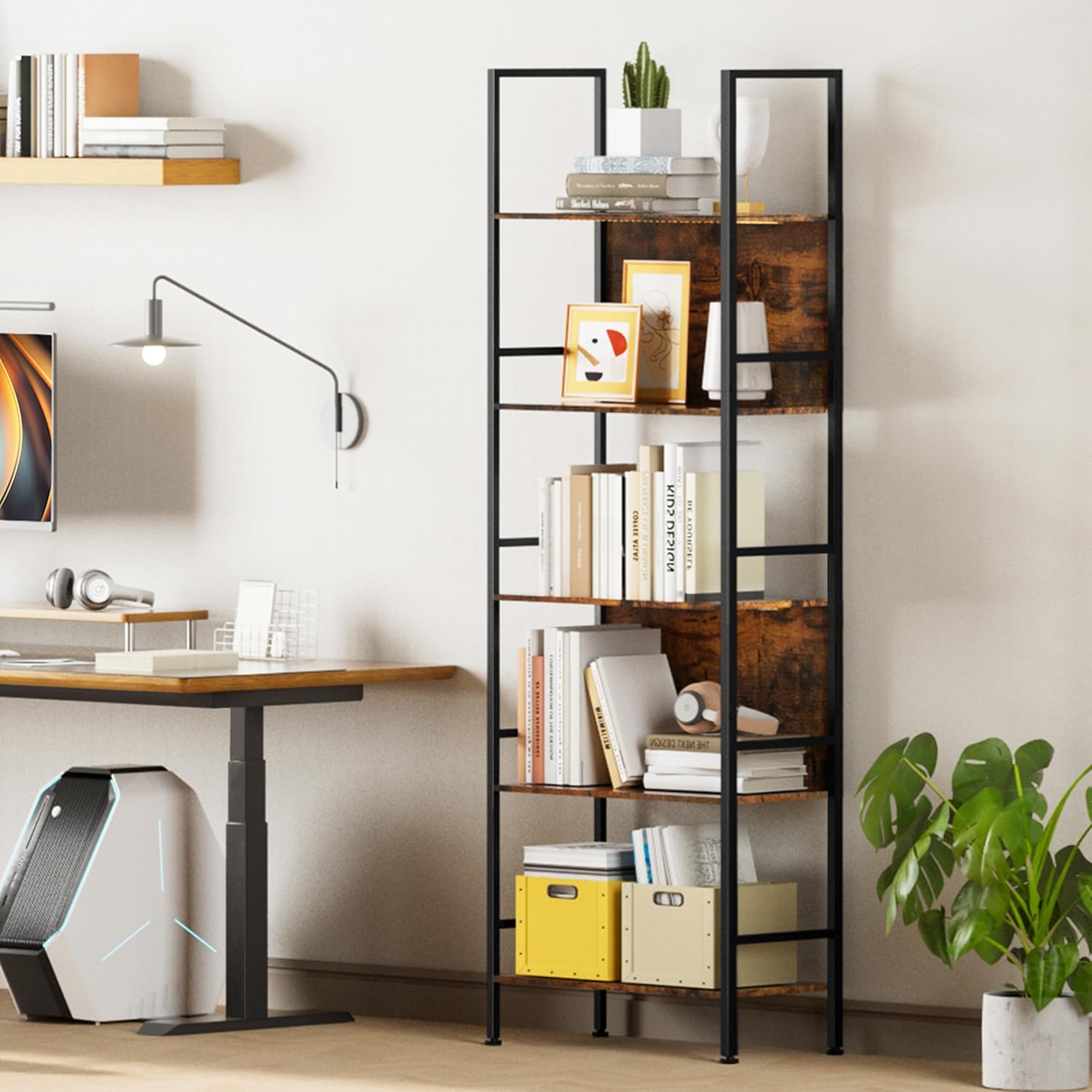 Dunatou 5-Tier Bookshelf, Tall Bookcase with 5 Open Shelves, Metal and Wood Office Book Shelf Bookcase, Standing Storage Organizer Shelf for Bedroom Living Room, Rustic Brown