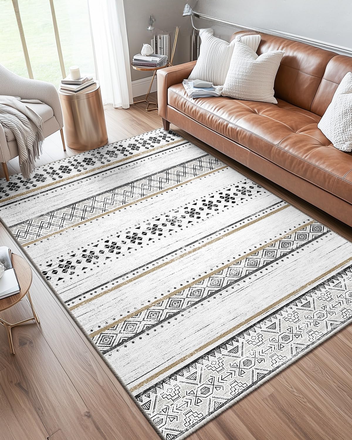 DEFYNEE Alfombra para salón 180x270 cm, Alfombra de Pelo Corto con Motivo geométrico de líneas, Alfombra Suave y Antideslizante para salón, Dormitorio y habitación Infantil, Negro-marrón