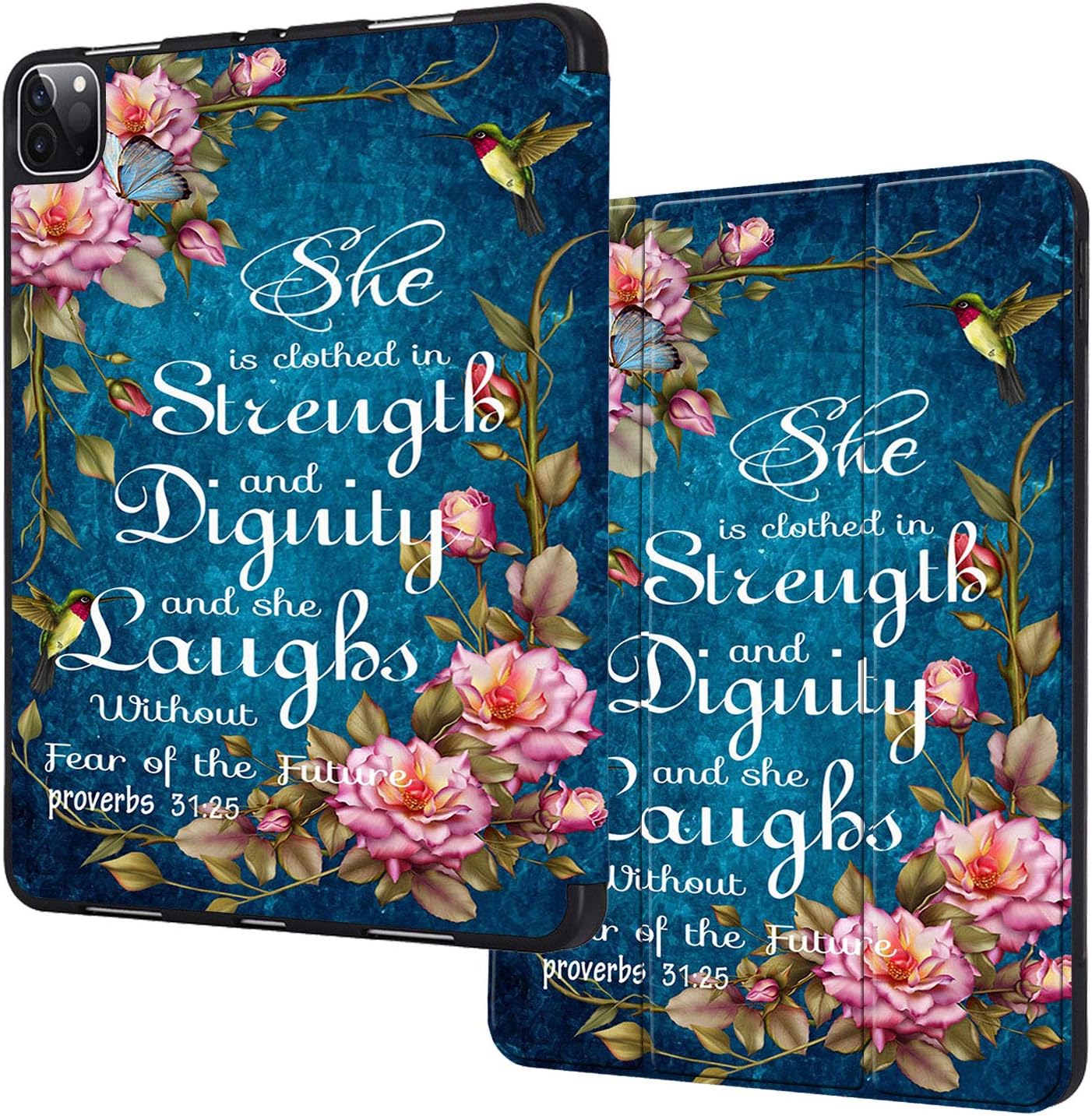 iPad Pro 12.9 Case 4th Generation 2020 & 2018,CICPLKSE with Pencil Holder Auto Sleep/Wake Back Smart Soft TPU Case Cover for iPad Pro 12.9" 4th Gen,Pink Flower Bible Verse Proverbs 31:25