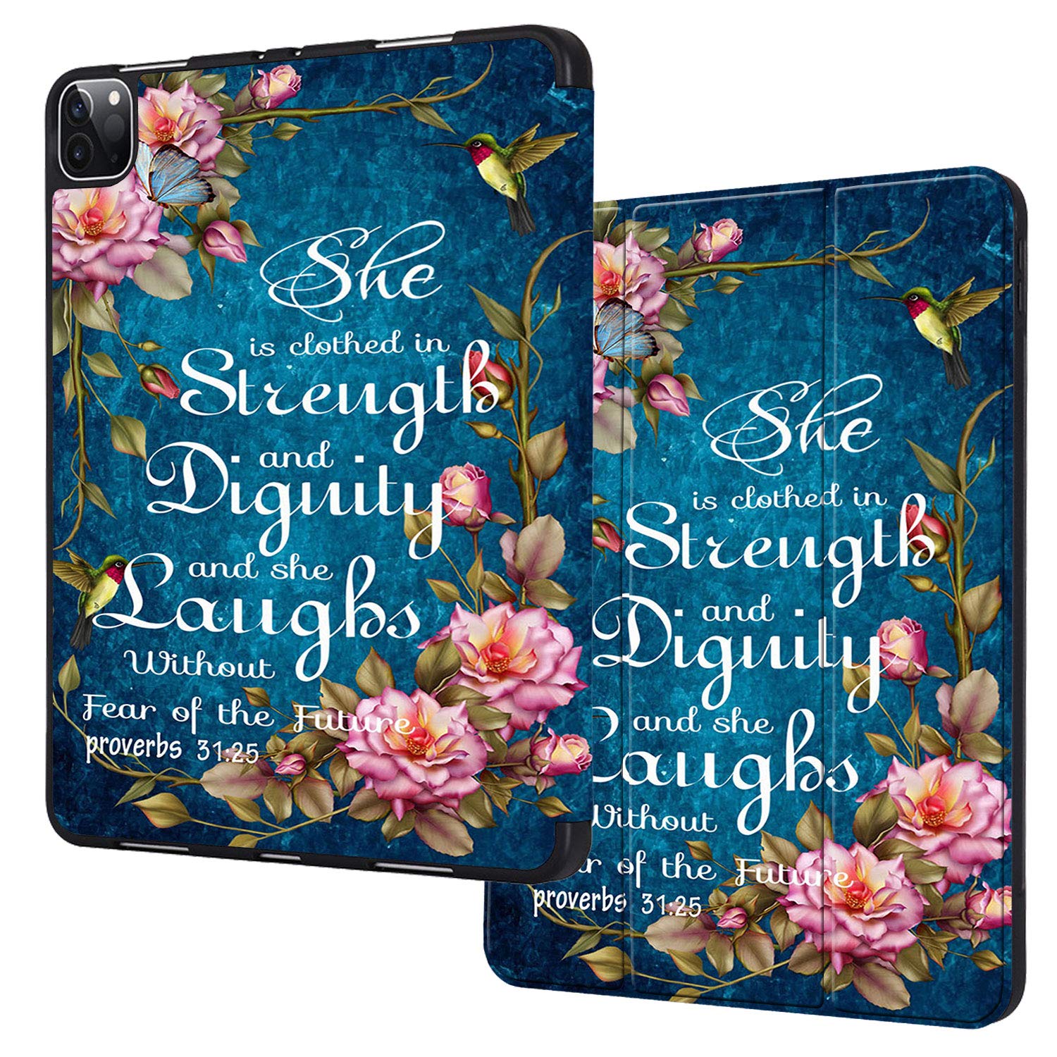 iPad Pro 12.9 Case 4th Generation 2020 & 2018,CICPLKSE with Pencil Holder Auto Sleep/Wake Back Smart Soft TPU Case Cover for iPad Pro 12.9" 4th Gen,Pink Flower Bible Verse Proverbs 31:25