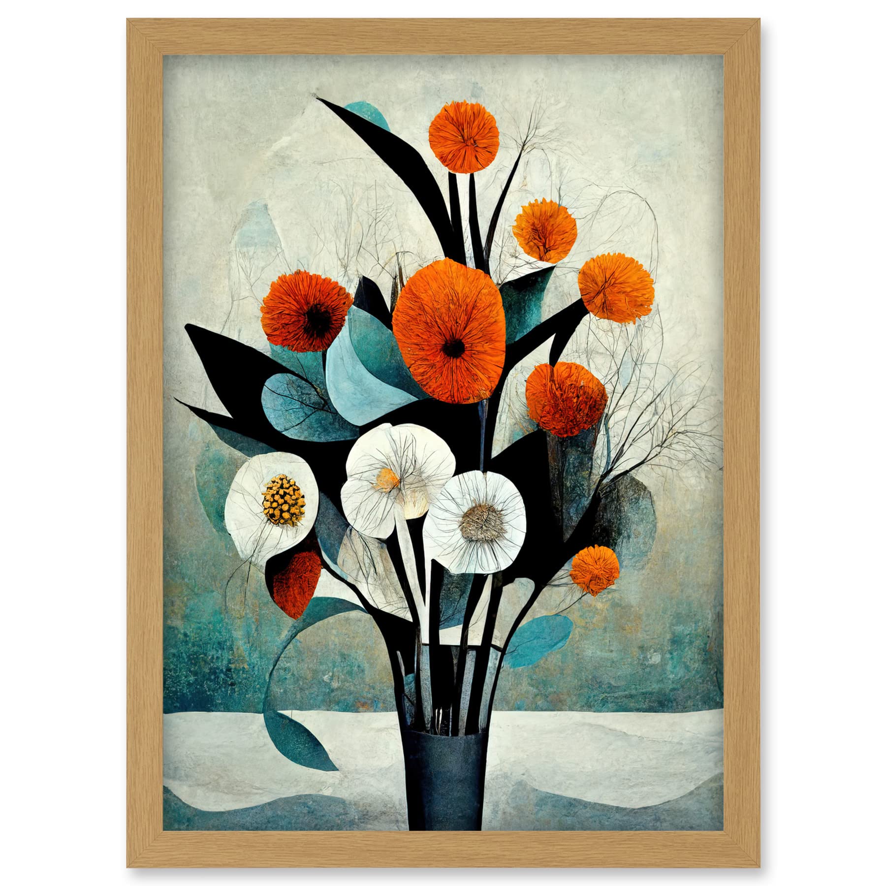Doppelganger33 LTD Flowers Floral Display Bouquet Modern Abstract Teal Orange Artwork Framed A3 Wall Art Print