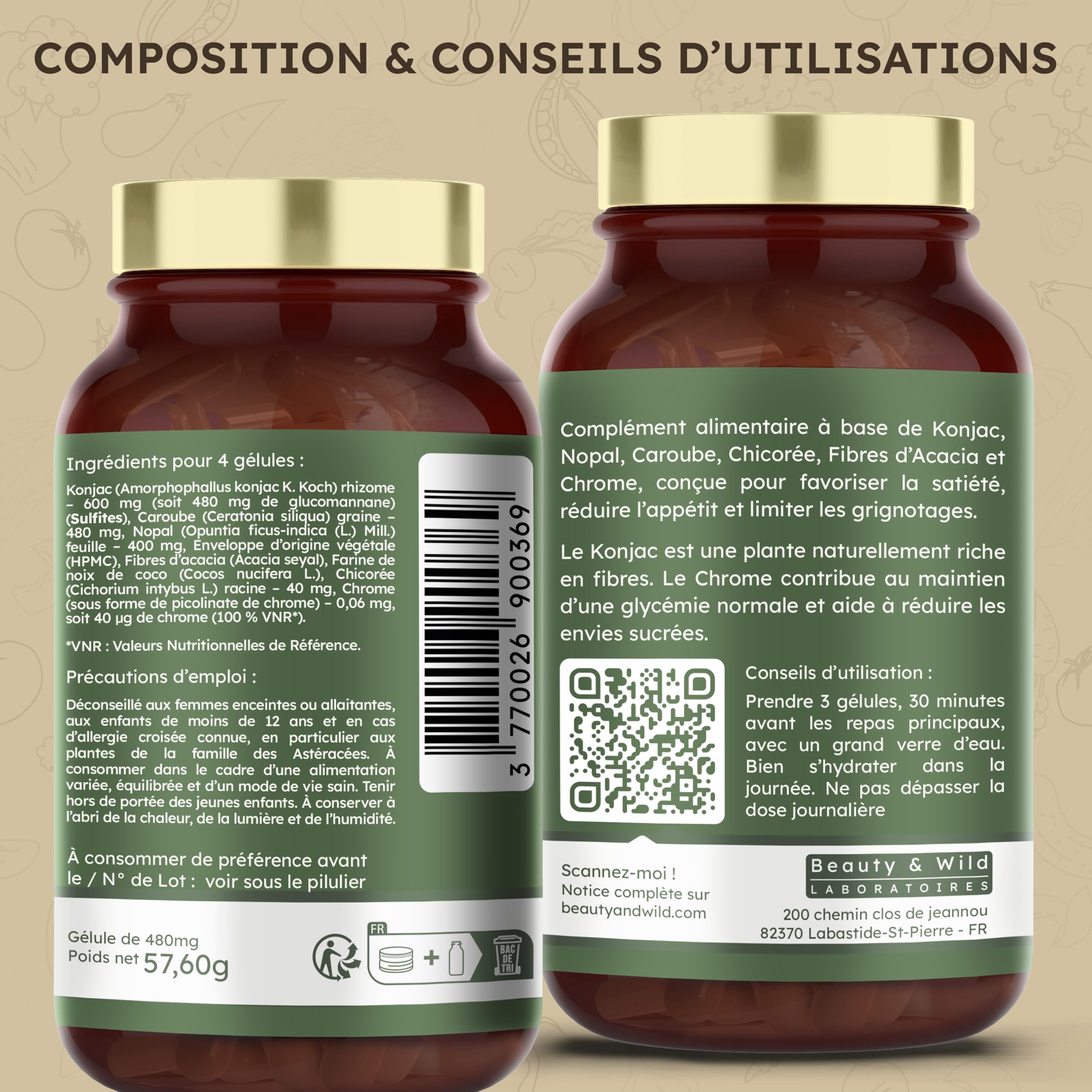 Beauty&Wild Coupe Faim Naturel SATIA+ – Konjac, Nopal, Caroube, Chrome, Contrôle de l’Appétit et Satiété, 120 Gélules, Fabriqué en France