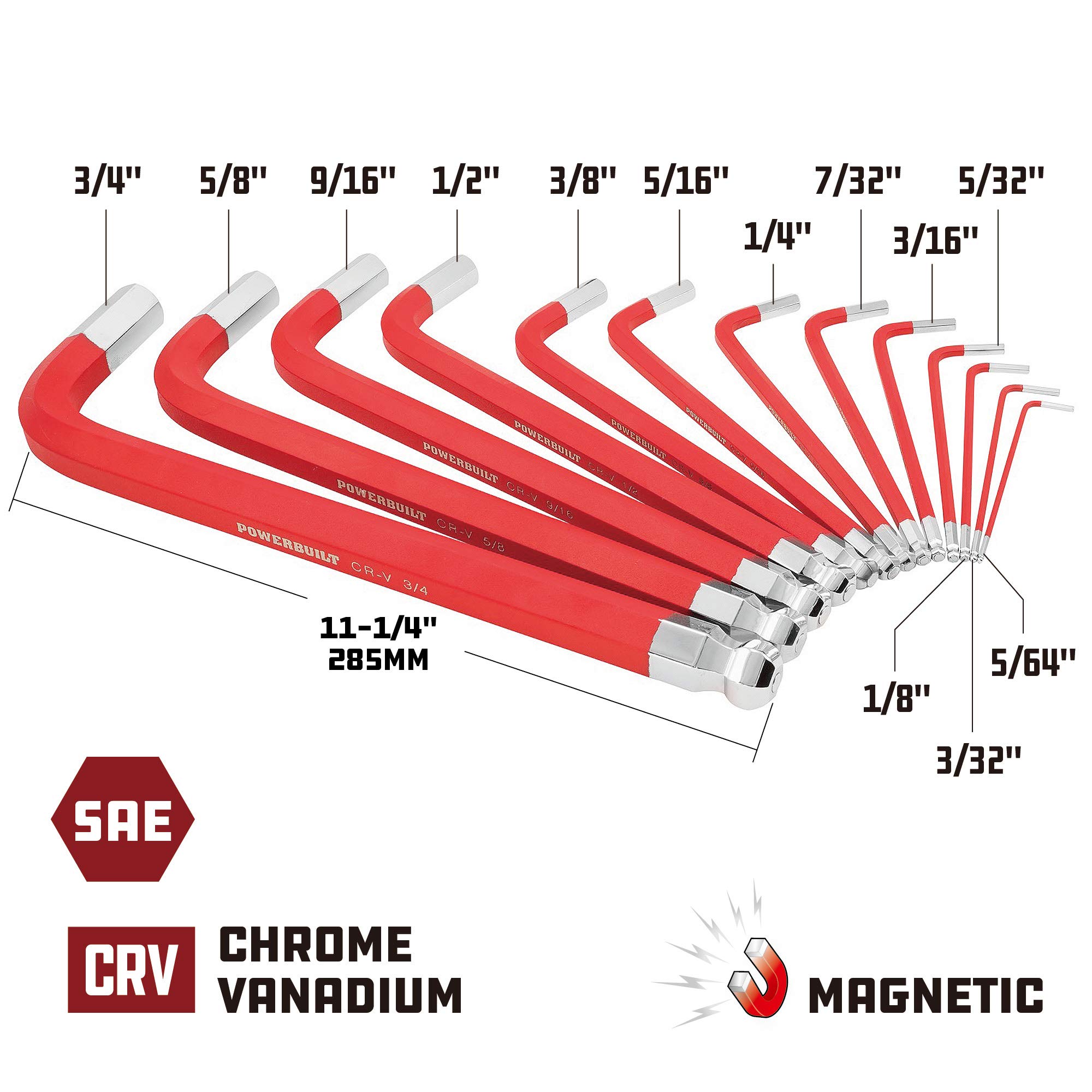Powerbuilt 13 Piece SAE Jumbo Long Point Magnetic Hex Key Wrench