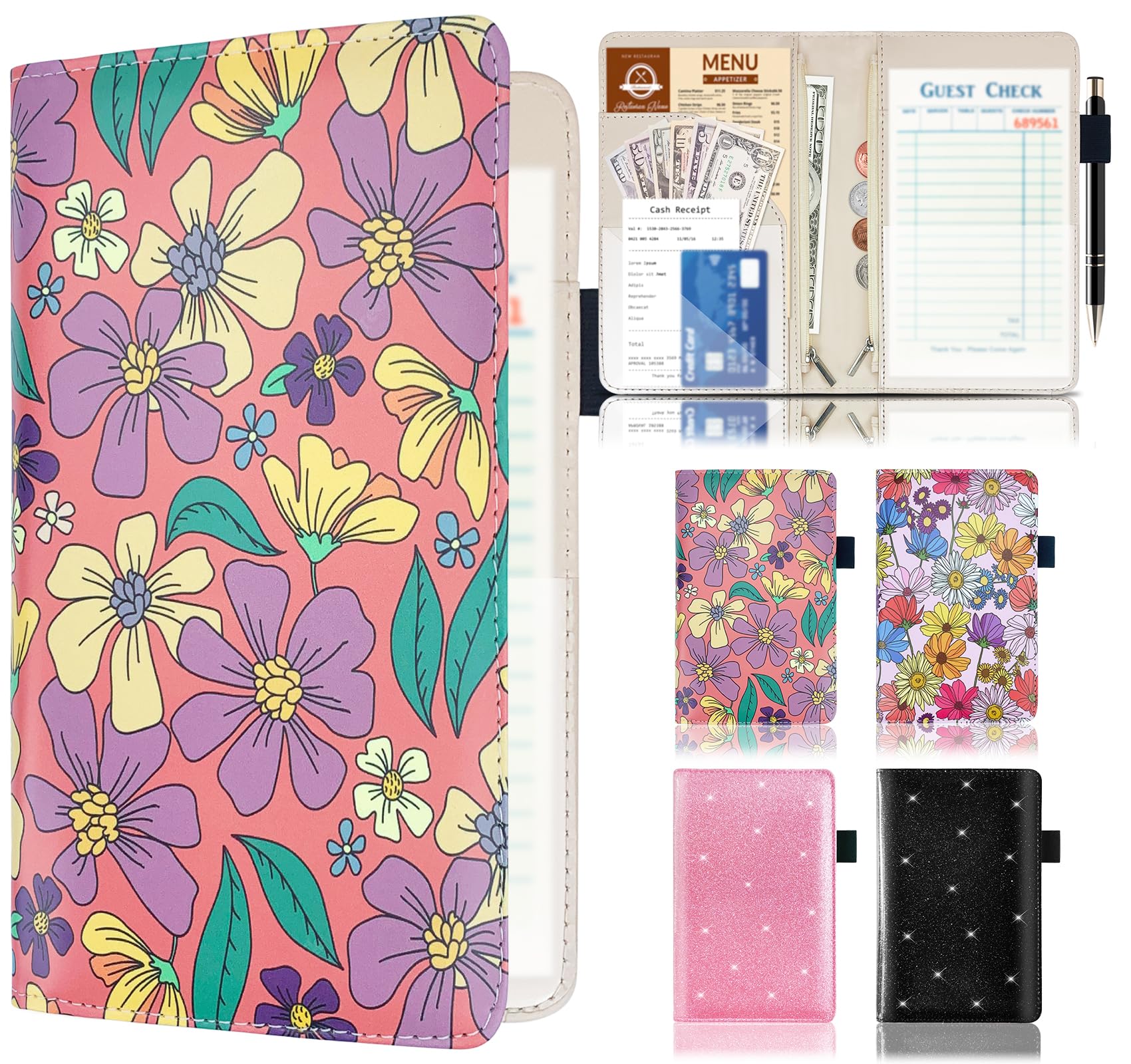 Server Book with 2 Zipper Pockets, Leather Floral Cover Server Book Organizer for Waitress, Cute Waiter Book Money Wallet with Pen Holder, Guest Check