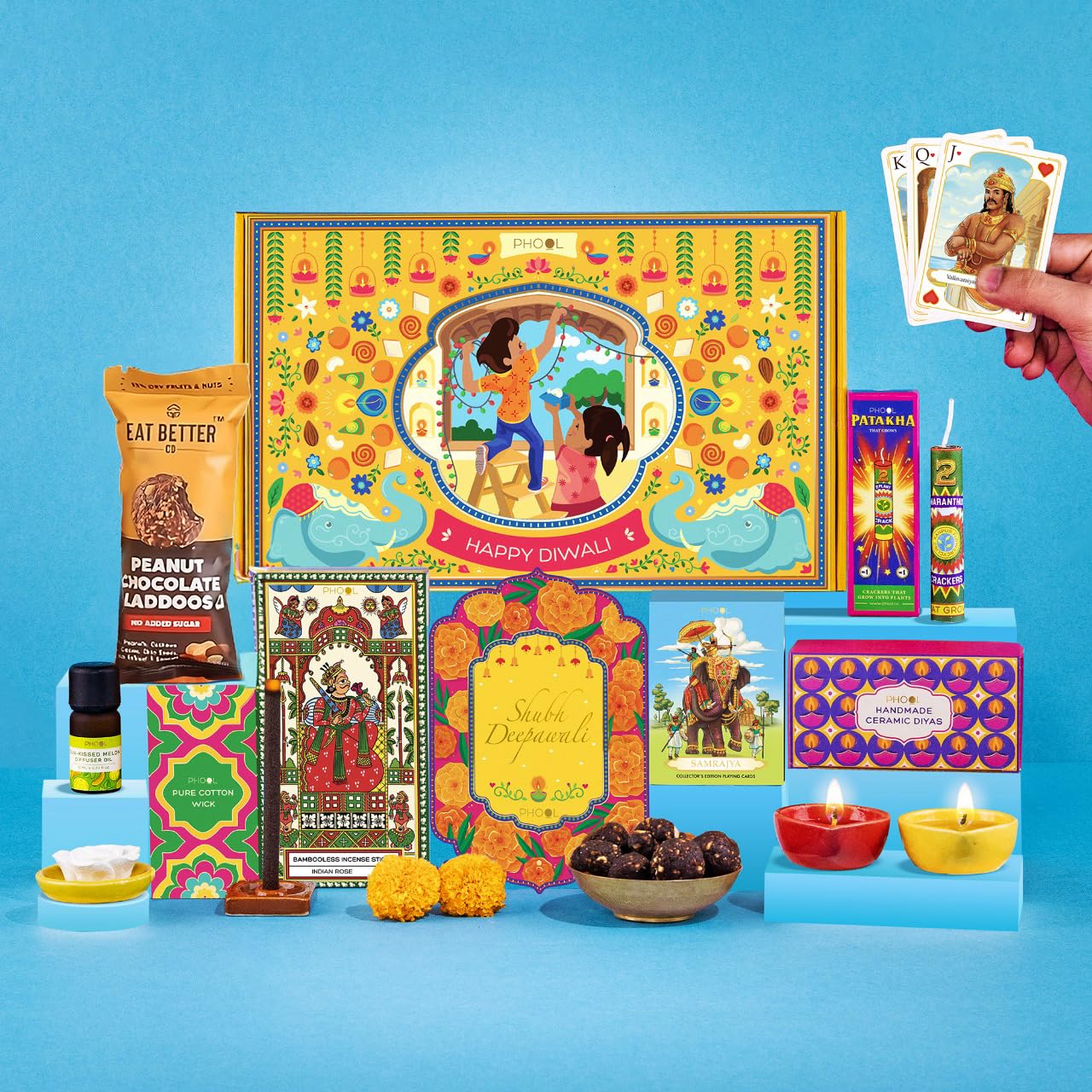 PHOOL LUXURY INCENSE Diwali Treasures Giftbox-Pack Of 9-Includes Playing Cards,Handmade Diyas,Diffuser Set,Bambooless Incense,Chocloate Ladoo,Cotton Wick,Diwali Greeting Card-Diwali Hamper For Gifting (B0DFWPSSG2) Amazon Price History, Amazon Price Tracker