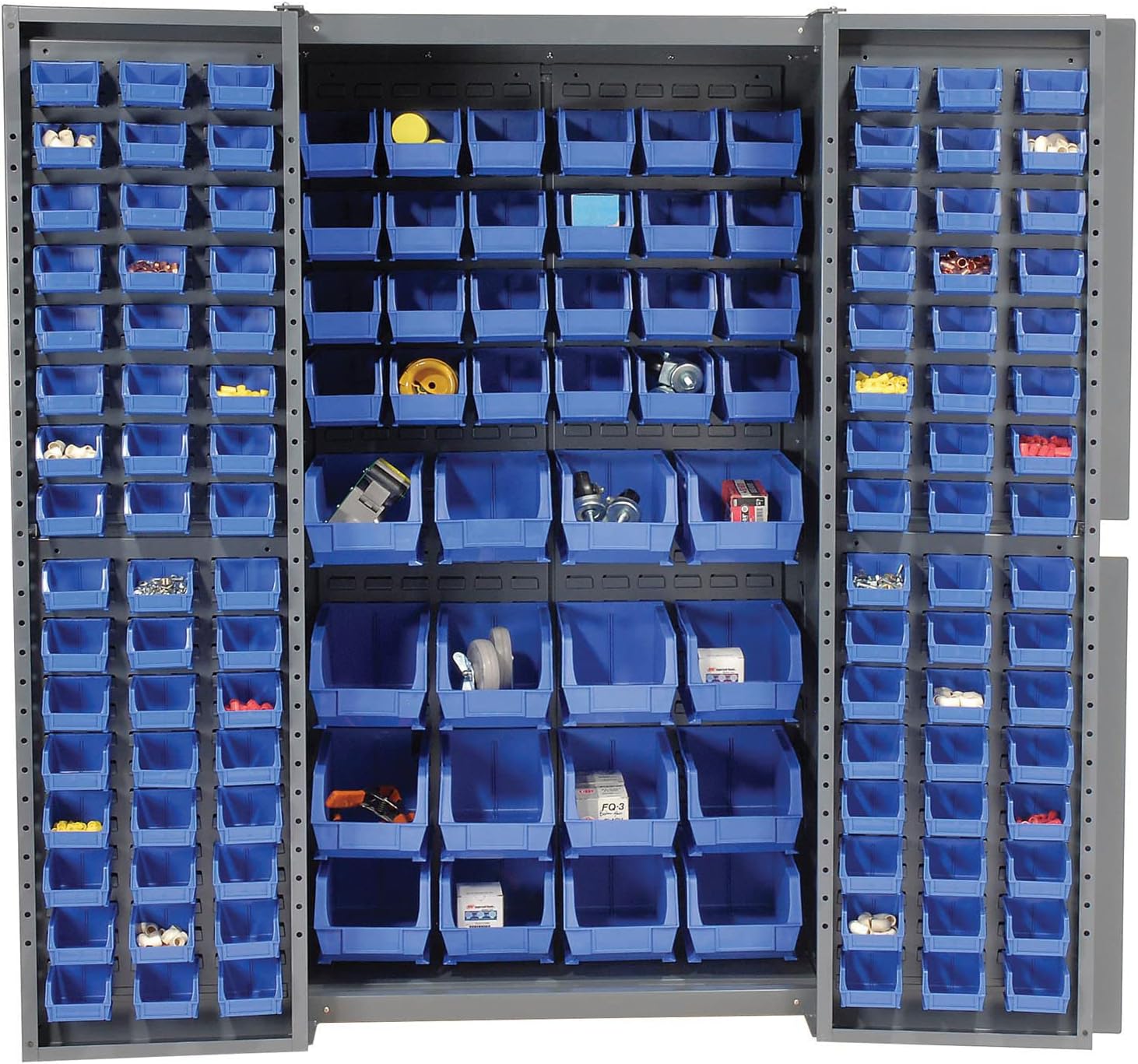 Global Industrial Deep Door Bin Cabinet, Includes 136 Blue Plastic Bins, Padlockable Steel Cabinet, 38" W x 24" D x 72" H, for Tool and Parts Storage, Ships Assembled