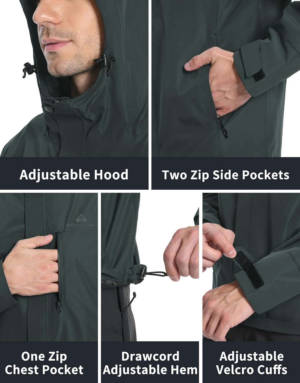 Pioneer Camp Mens Rain Jacket Waterproof Shell Jacket Hooded Lightweight Rain Coat for Outdoor Hiking 4 Pockets Windbreaker - Image 6