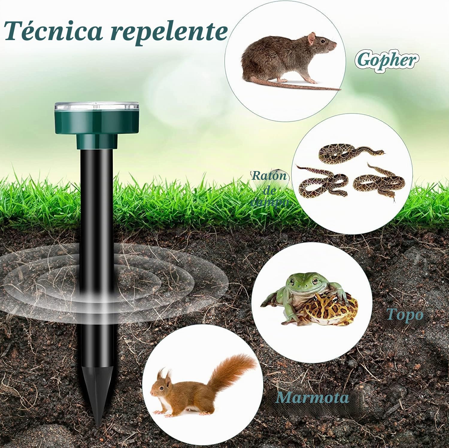 Ahuyentador de Topos Solar, Repelente de Ratones Ultrasónico,4 Piezas Ahuyentador Animales para Repeler Topillos, Serpientes y Roedores de Jardines,Anti Topos,contra Plaga
