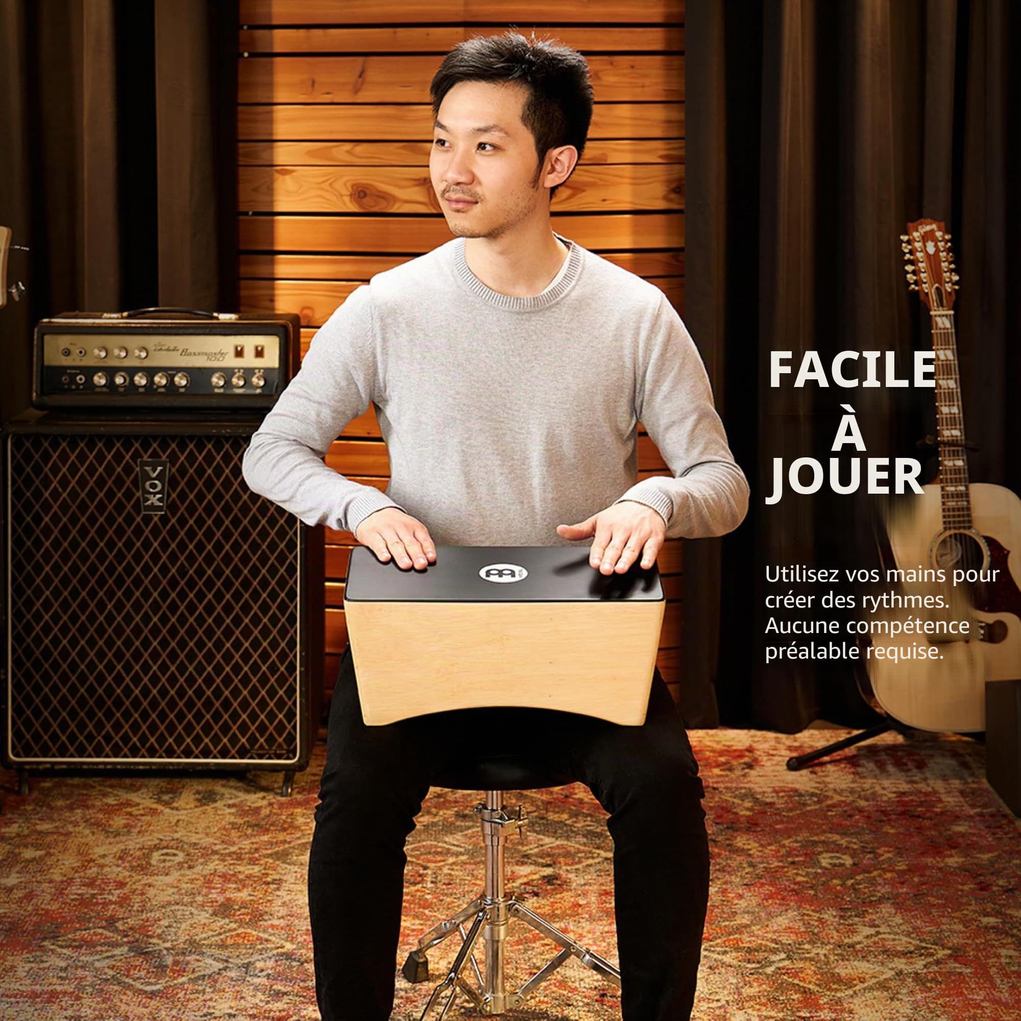 Meinl Percussion Bongo Cajon Instrument - drum box Back-friendly avec timbres, basses et sons de bongos - Surface de jeu noire (BCA2NT/EBK-M)