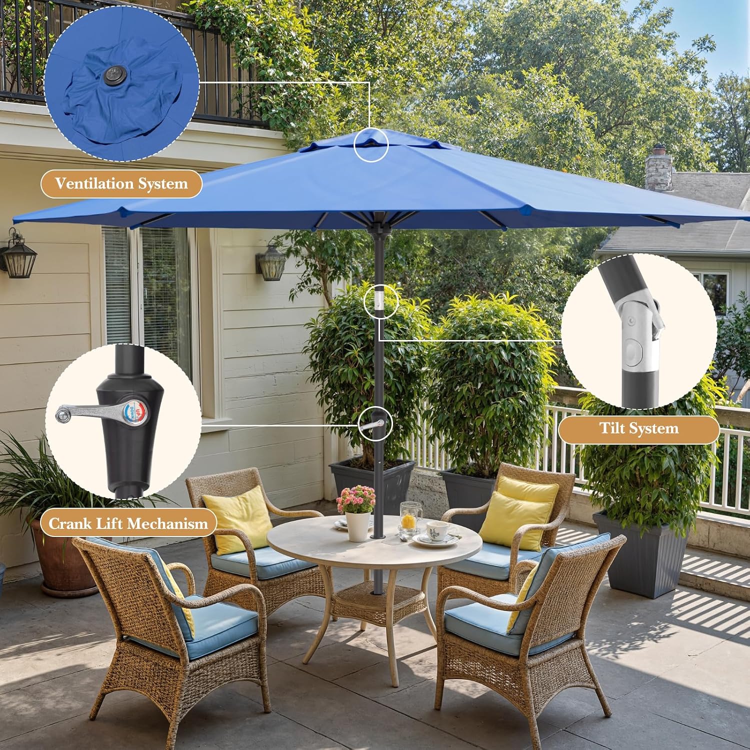 Sannwsg Outdoor Patio Umbrella,Table Umbrella with Push Button Tilt and Crank,Market Umbrella with 8 Sturdy Ribs,Yard Umbrella