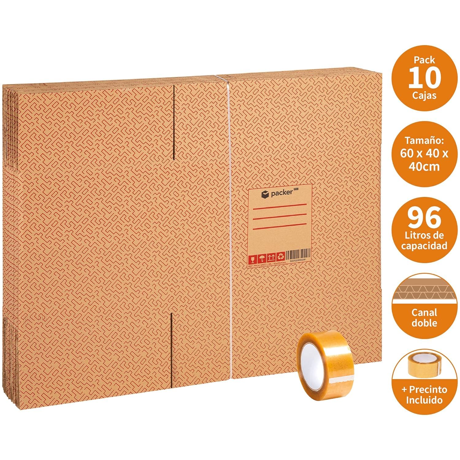 packer PRO Lot de 10 Boîtes en Carton pour Déménagement et Rangement avec Poignées et Ruban Adhésif, Carton Ultra Résistant, 600 x 400 x 400 mm