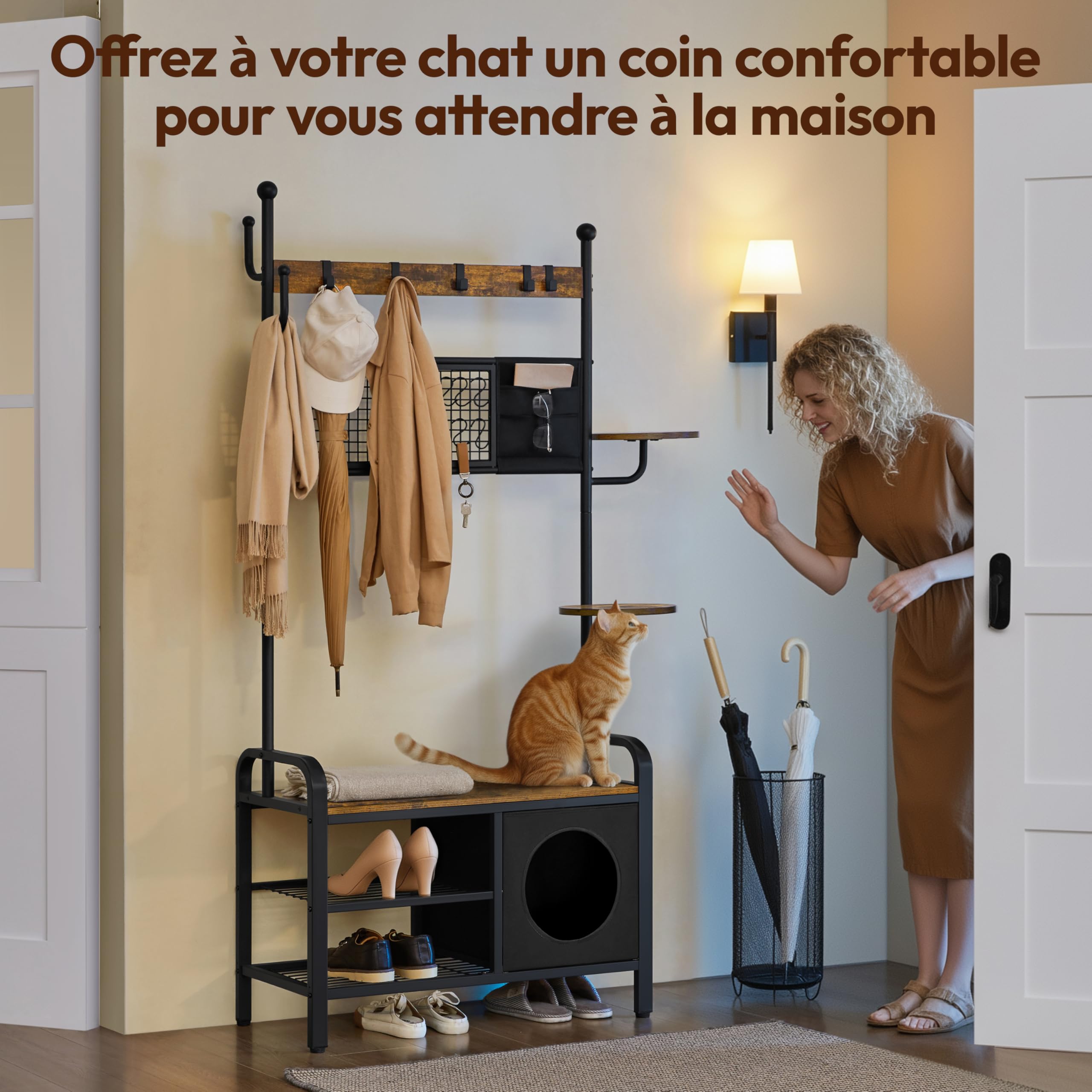 Yaheetech Porte-manteau avec Étagère à Chaussures, Meuble d’Entrée avec Banc, Crochets, Étagère et Niche Chat, 109 x 41,5 cm x 183,5 cm, Style Industriel Chat-Humain, pour Entrée, Couloir, Chambre | Meuble d'entrée peu encombrant | Banc à chaussures et cr