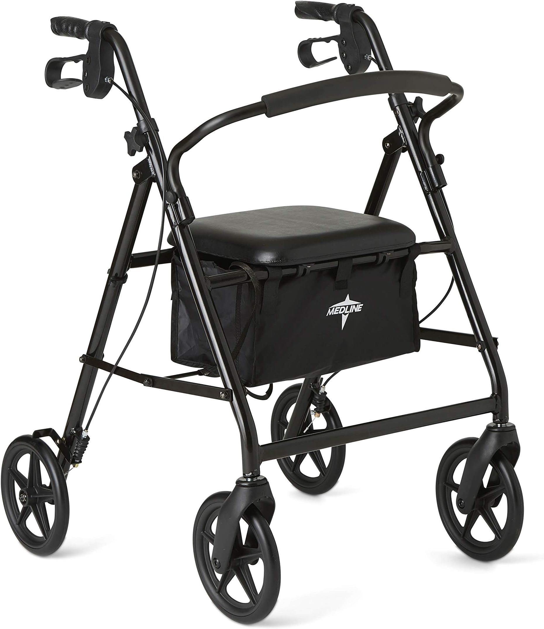 Medline Aluminum Rollator Walker with Seat, Folding Mobility Rolling Walker has 8 inch Wheels, Black