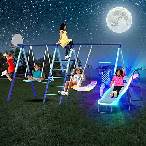 Sportspower Ramona - Juego de columpio de metal 7 en 1 3 columpios, escalera de escalada y red, aro de baloncesto y tobogán moldeado por soplado de