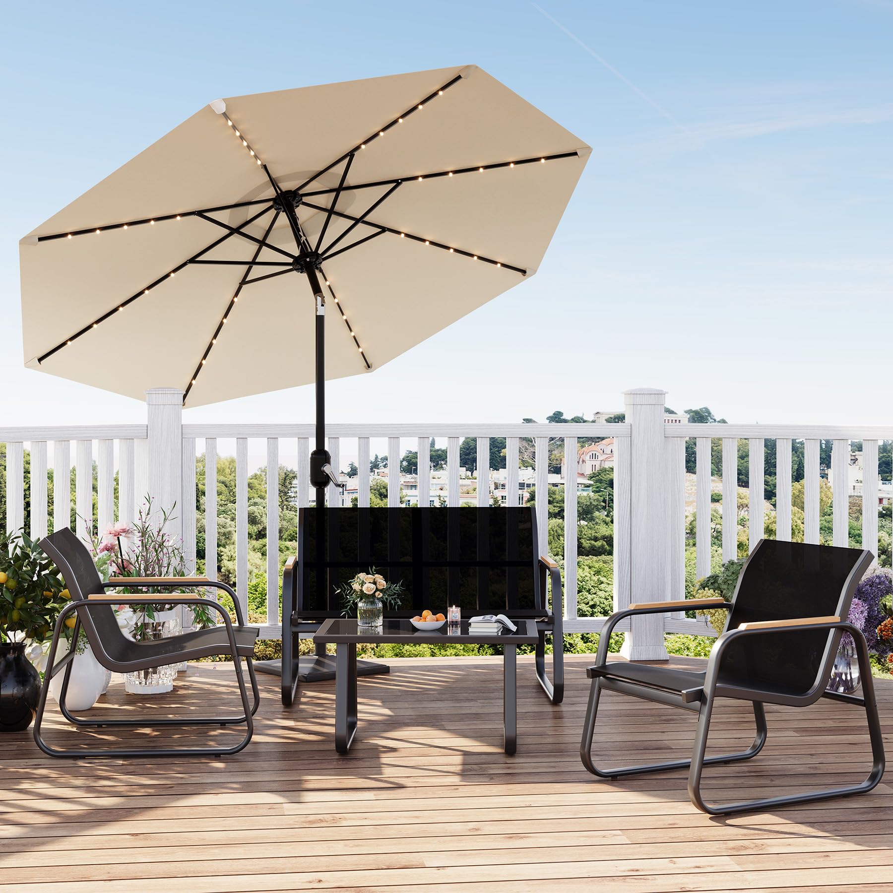 GarveeHome Gartenmöbel Set 4-TLG, Textilene Balkonmöbel Set mit Tisch, Sofa und 2 Stühlen, Stahl, Sitzgruppefür Garten, Balkon, Außen