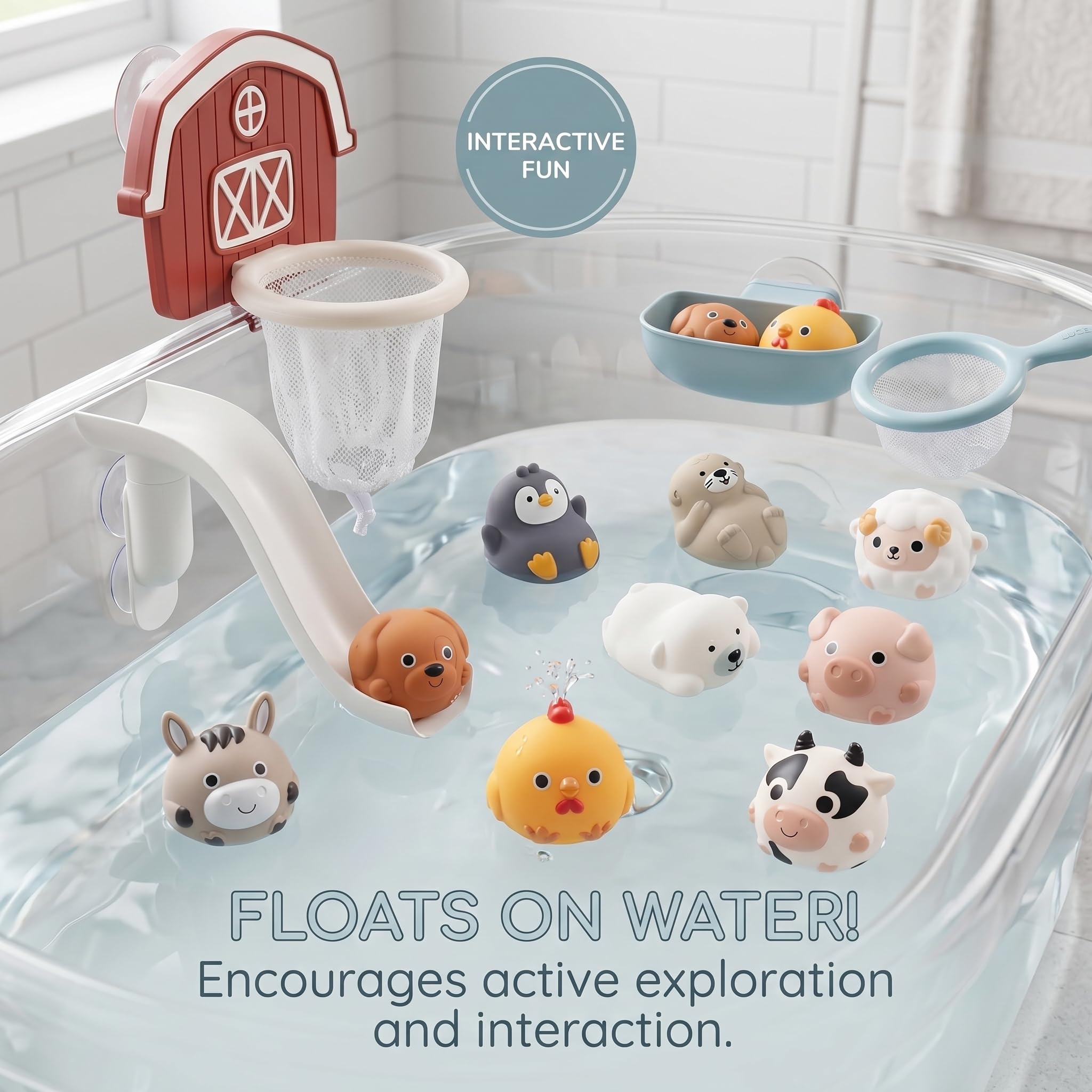 Giocattoli da bagno per bambini da 1 a 3 anni set da 13 pezzi con scivolo animali galleggianti cerchio e rete set interattivo per la vasca da bagno per bambine e bambini.