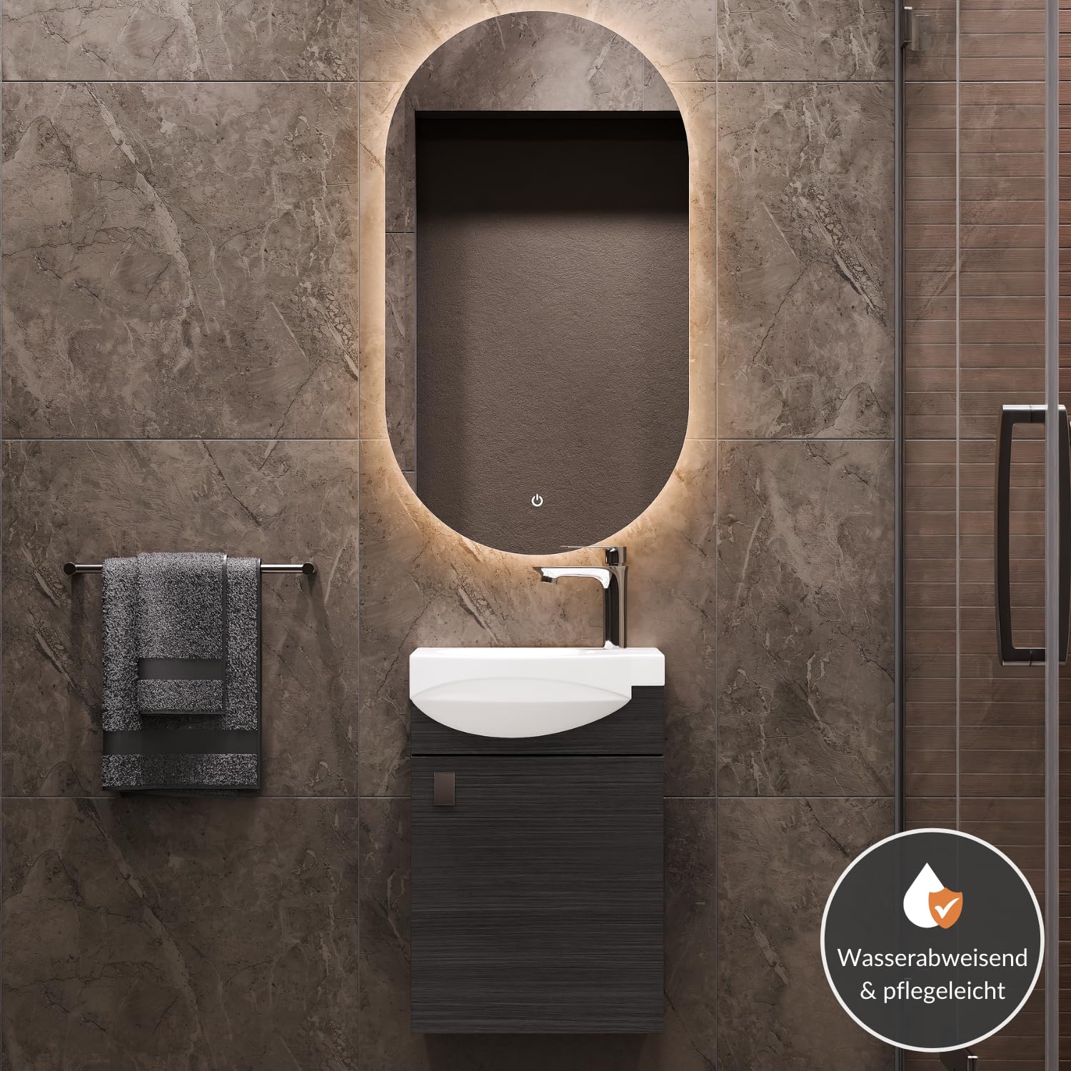 Planetmöbel Badmöbel Set Waschtisch mit Unterschrank 40 x 60 x 29 cm, Spiegel mit Beleuchtung 50 x 90 cm für Badezimmer, Gäste WC & Bad, Anthrazit
