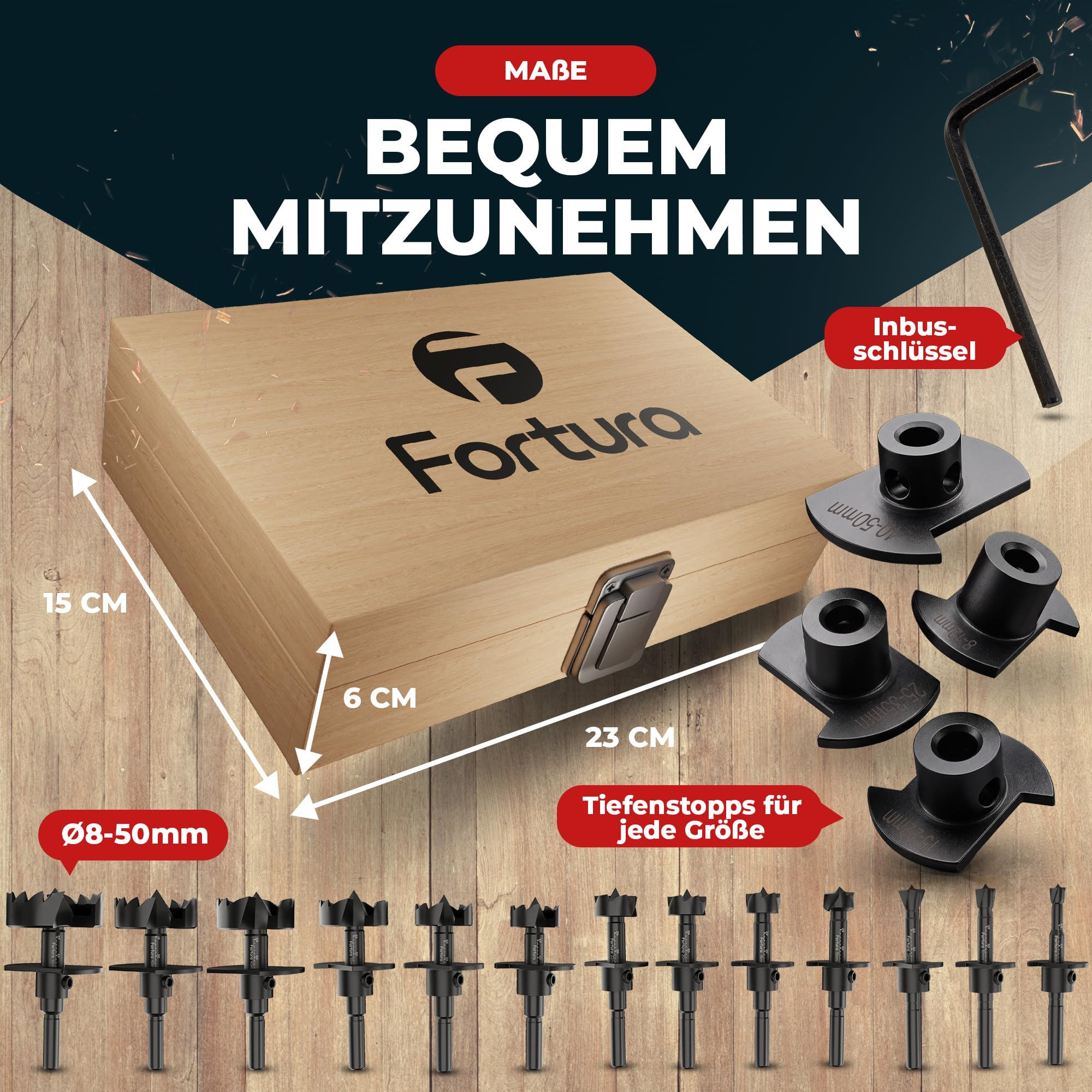 Fortura® Forstnerbohrer set Ø8-50mm + Tiefenstopp/Holzbohrer/Forstnerbohrer/Holzbohrer set/Lochbohrer/Bohrer Holz/Fräsbohrer Holz/Forsterbohrerset/Topfbohrer