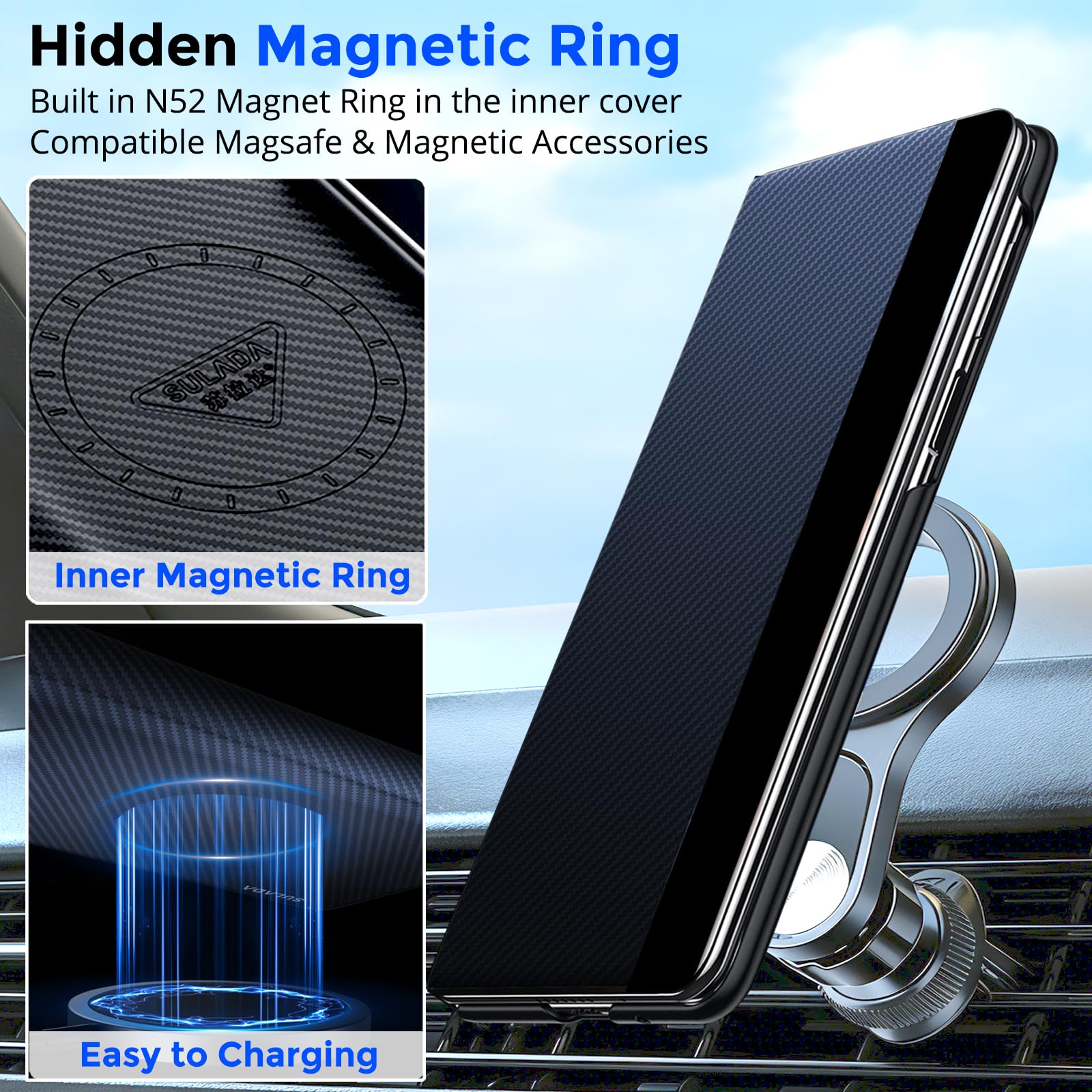 Custodia a libro per Samsung Galaxy Z Fold 6, con anello magnetico nascosto, [compatibile] Custodia a libro in pelle di alta qualità con slot per carte di credito chiusura magnetica, custodia