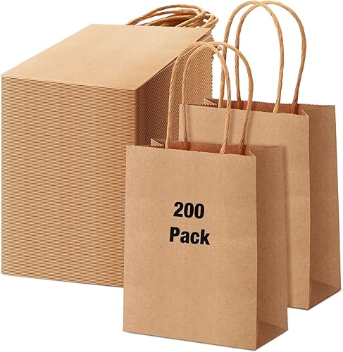 Sweetude 200 bolsas de regalo pequeñas de 6 x 4.7 x 2.4 pulgadas, bolsas de papel kraft de tamaño mini con asas, bolsas de regalo a granel para