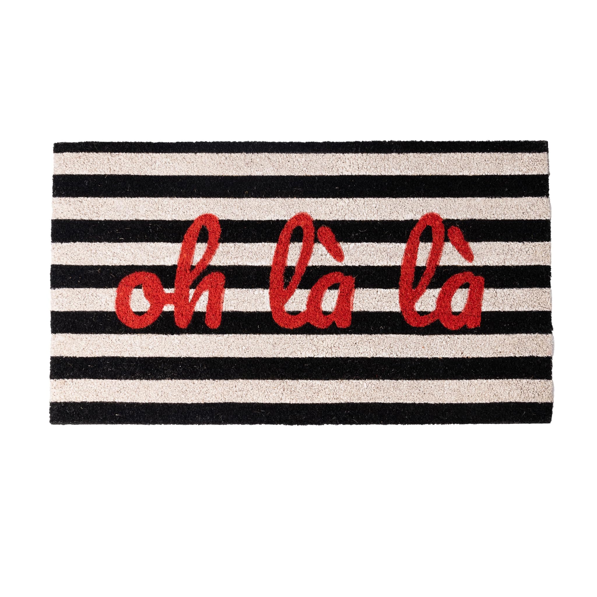 FISURA – Fußmatte Oh là là“ aus Kokosfaser mit Rutschfester PVC-Unterseite. Handbemalte schwarz-weiße Streifenmatte mit französischem Flair. Maße: 70 cm x 40 cm.