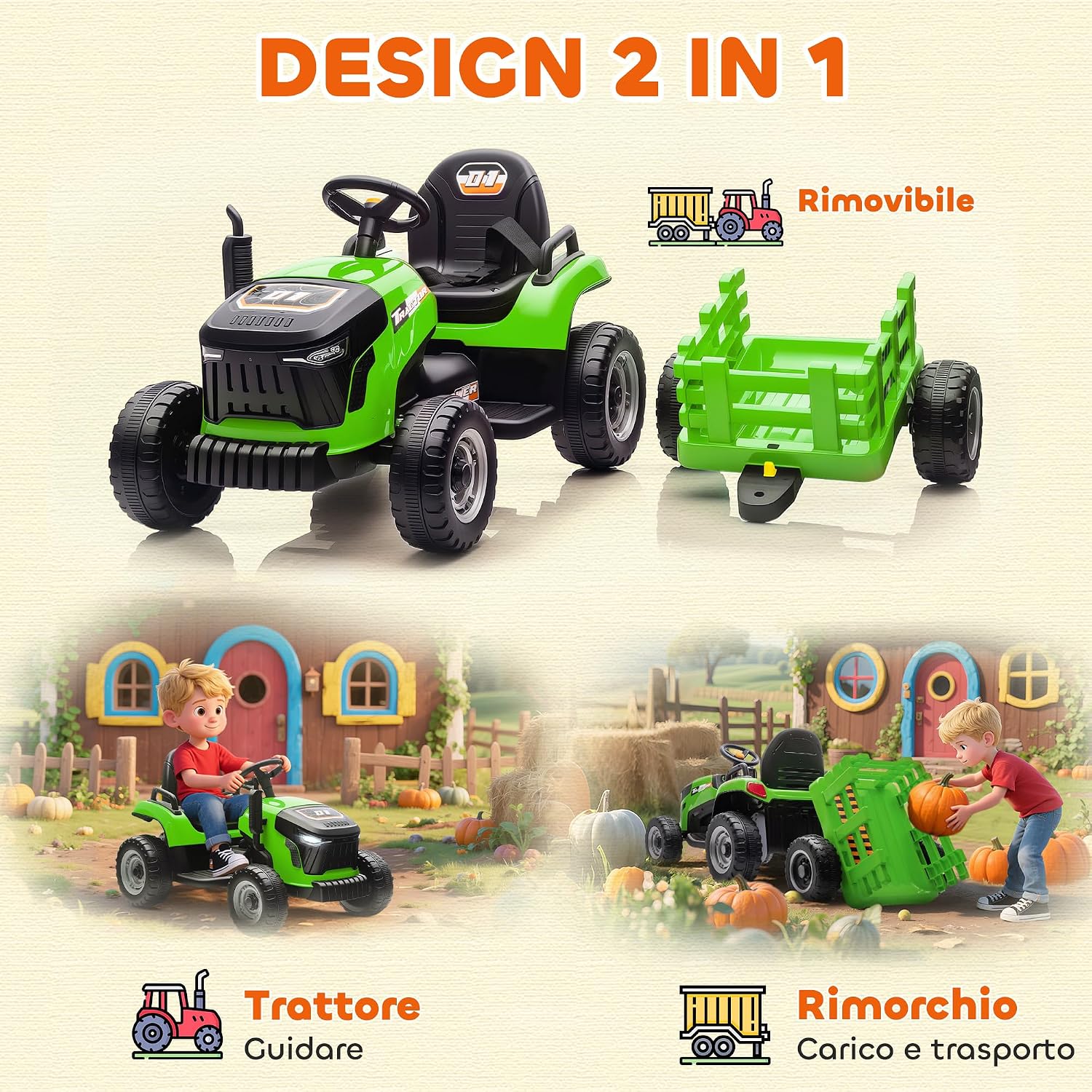 Diagram showing the AIYAPLAY electric tractor with its detachable trailer, highlighting the 2-in-1 design.