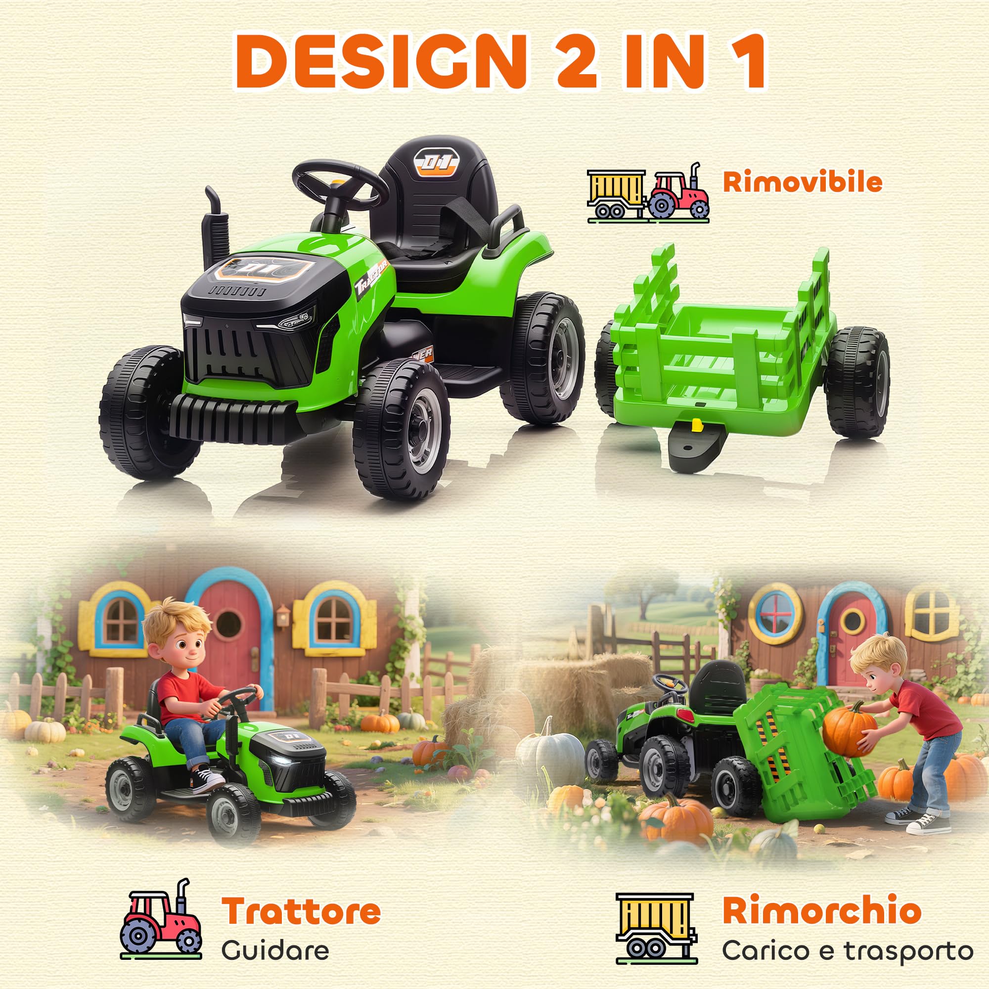 AIYAPLAY 2 in 1 Trattore Elettrico per Bambini 3-8 Anni 12V con Rimorchio Staccabile, Auto Elettrica Cavalcabile per Bambini con Telecomando, Cintura di Sicurezza, Musica, Luci LED e Clacson, Verde