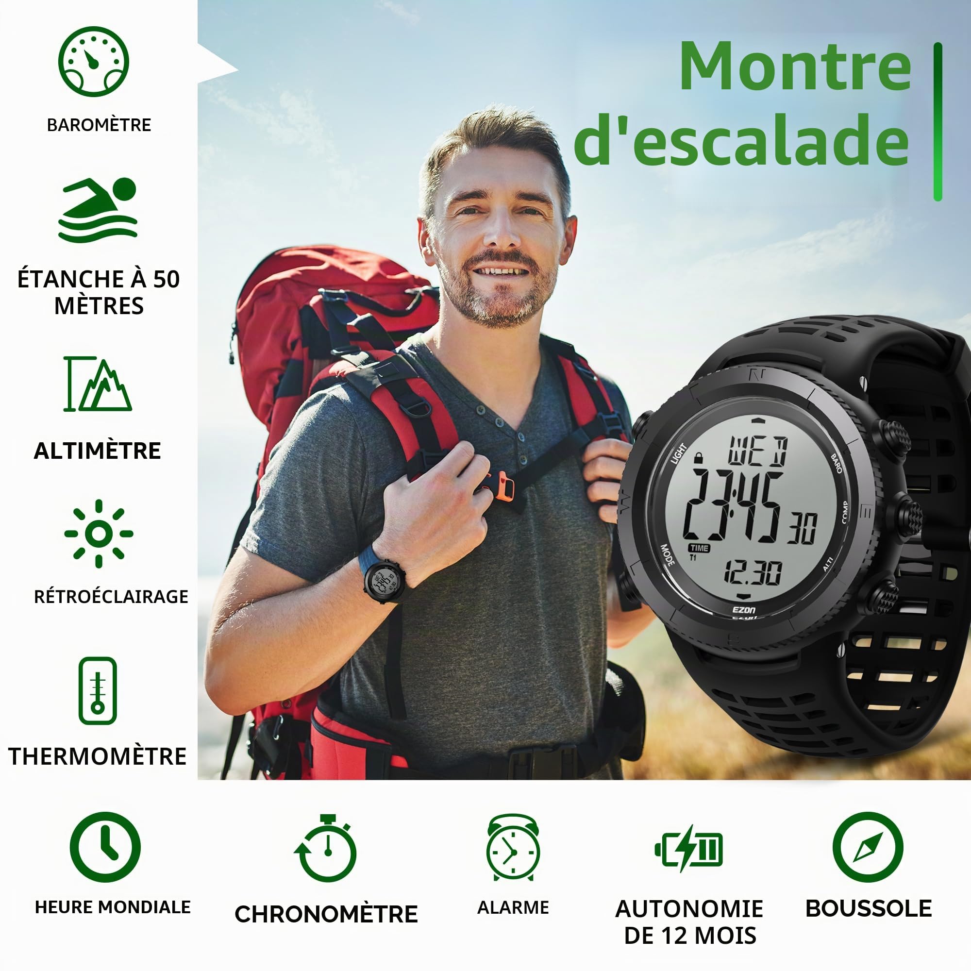 EZON H001 Montre de sport étanche pour homme avec boussole, thermomètre, baromètre, altimètre, noir