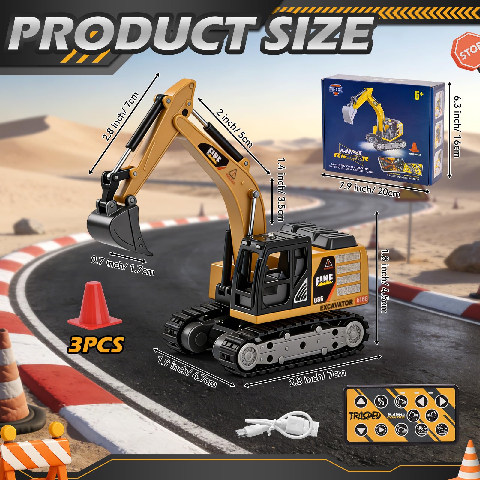 Mini Pelle Télécommandée, 1:64 Pelleteuse Télécommandée avec Pelle Métallique, 2,4 GHz RC Pelleteuse avec Lumières et Sons, 2 Vitesses, Rechargeable USB – pour Enfants à Partir de 3 Ans - 3