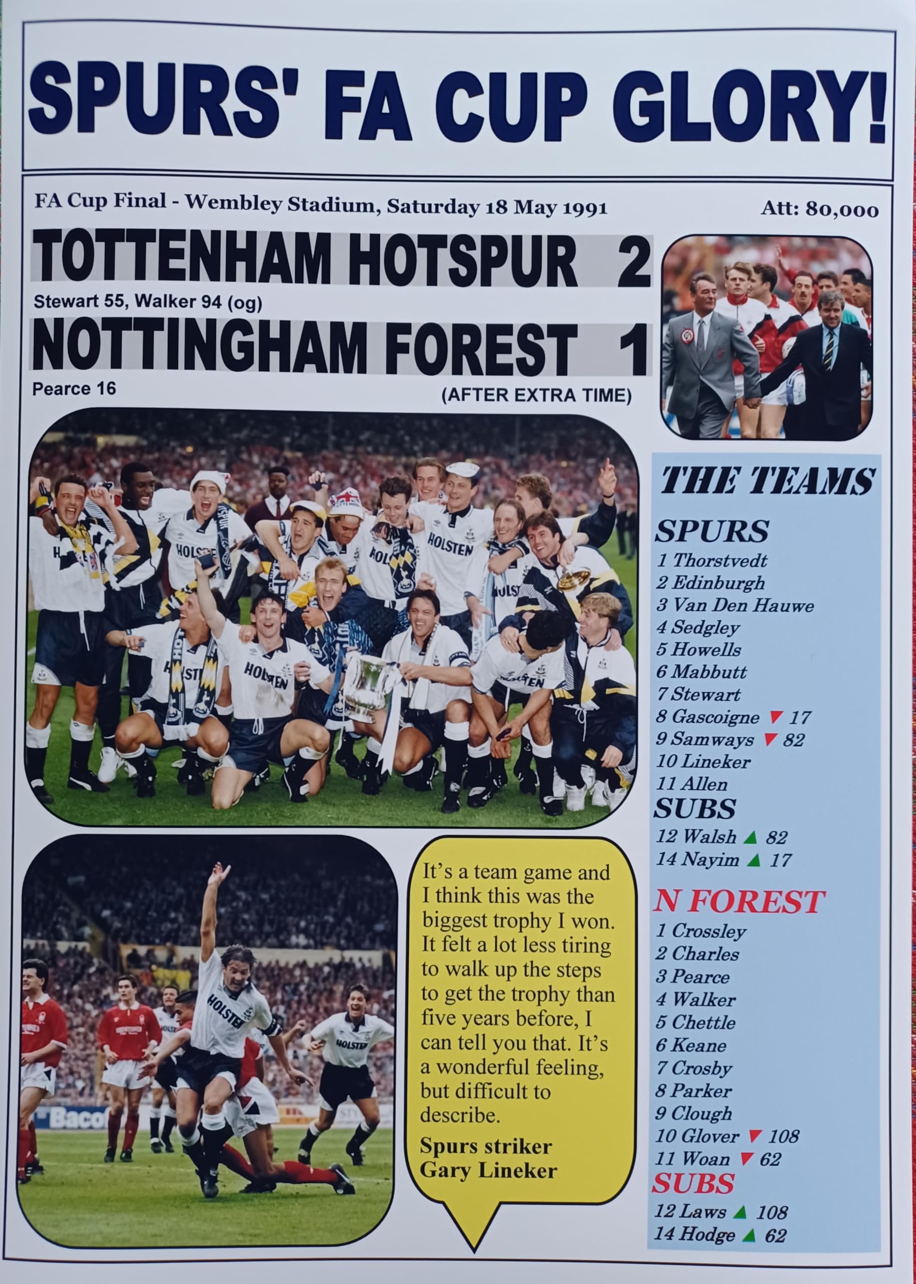 Assorted Multicoloured Spurs 2 Nottingham Forest 1-1991 Fa Cup Final - Souvenir Print