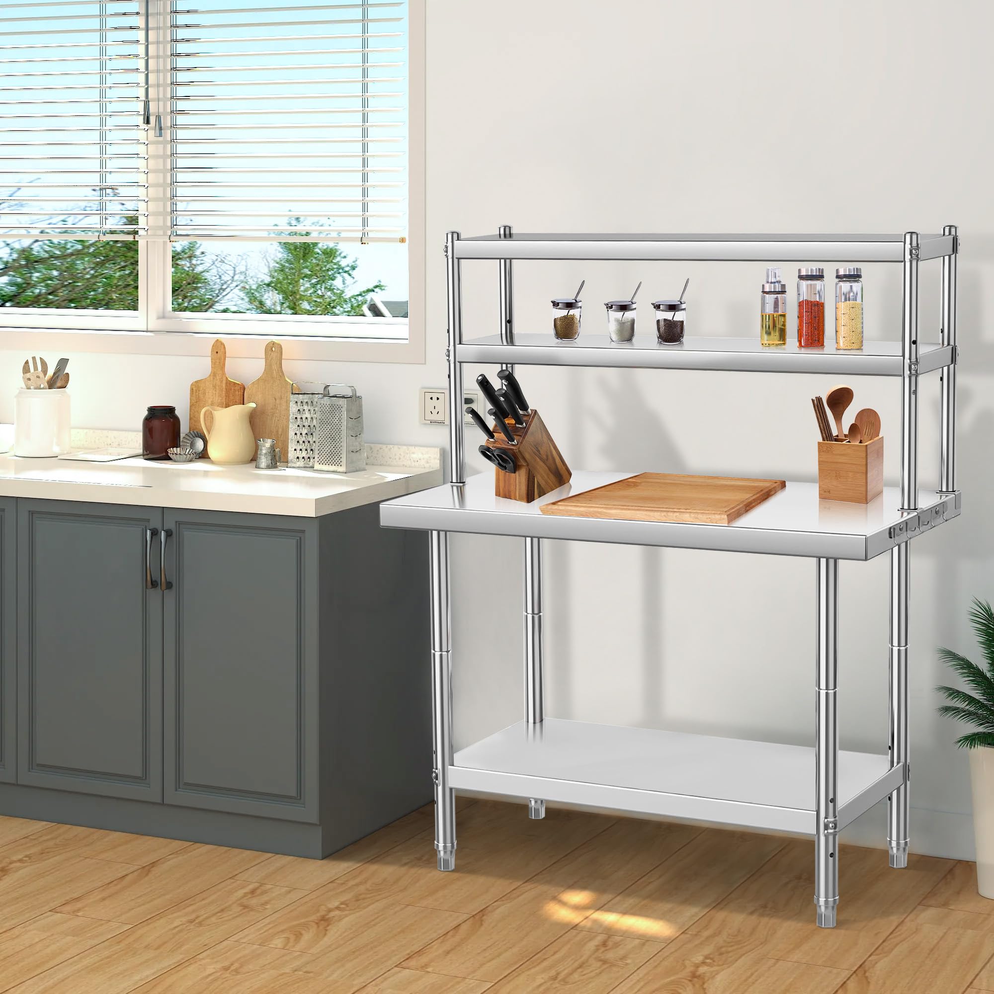 Carrello in acciaio inox con ripiano su 2 livelli, tavolo in acciaio inox con gambe regolabili in altezza, piano di lavoro in acciaio inox per esterni e interni