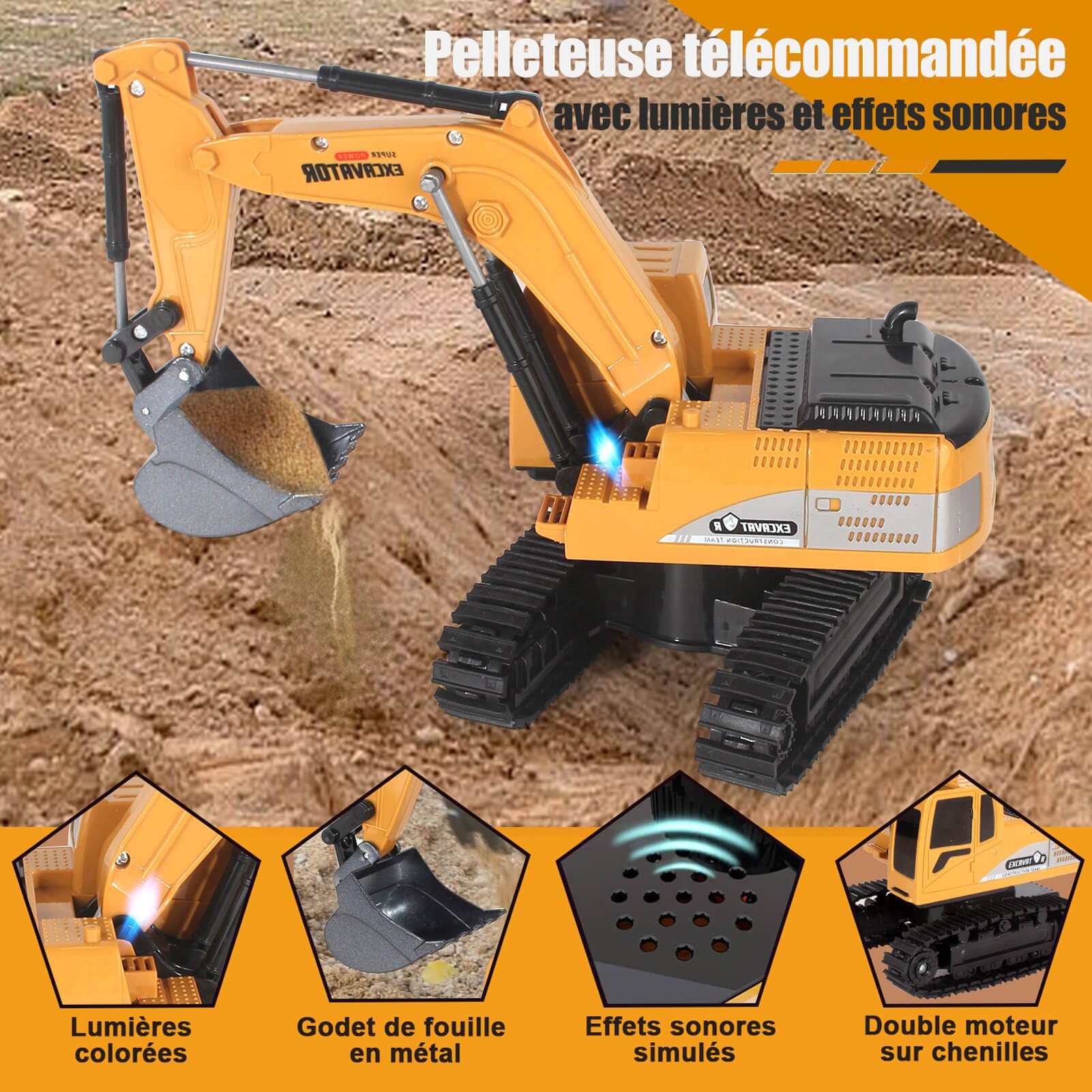 Jiakora Pelleuse Télécommandée pour Enfants, Pelleuses Radiocommandées avec Pelle en Métal, Pelleuse Jouets pour Garçons avec Lumières et Sons, Cadeaux Pelleuse pour Enfants de 4 à 8 Ans