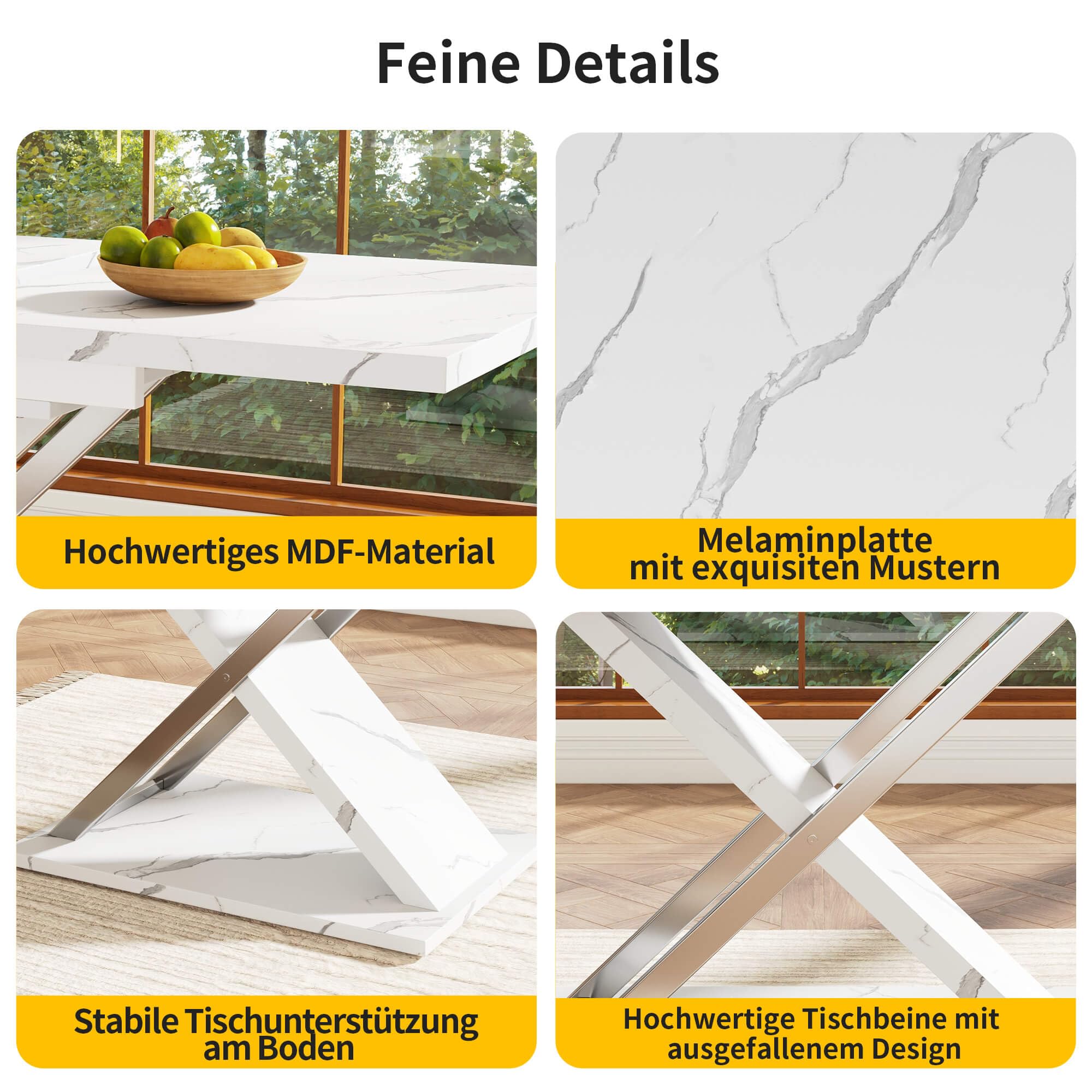 Esstisch Ausziehtisch (118/157×75cm), Küchen-Wohnzimmertisch, Anstecktisch, Ausziehbar auf 118-157cm mit Hilfe von Innenliegender Einlegeplatte, Esstisch mit Kreuzbeinen，Weiß & Silber