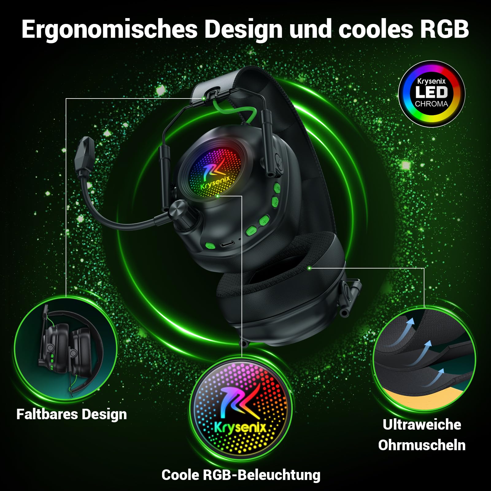 Krysenix KGH2 Gaming Headset Wireless, 2,4G Gaming Headset für PC, PS4, PS5, Mac, Switch, Bluetooth Kopfhörer Mit Mikrofon Geräuschunterdrückung, LED Licht, 40 Stunden Akkulaufzeit, Schwarz