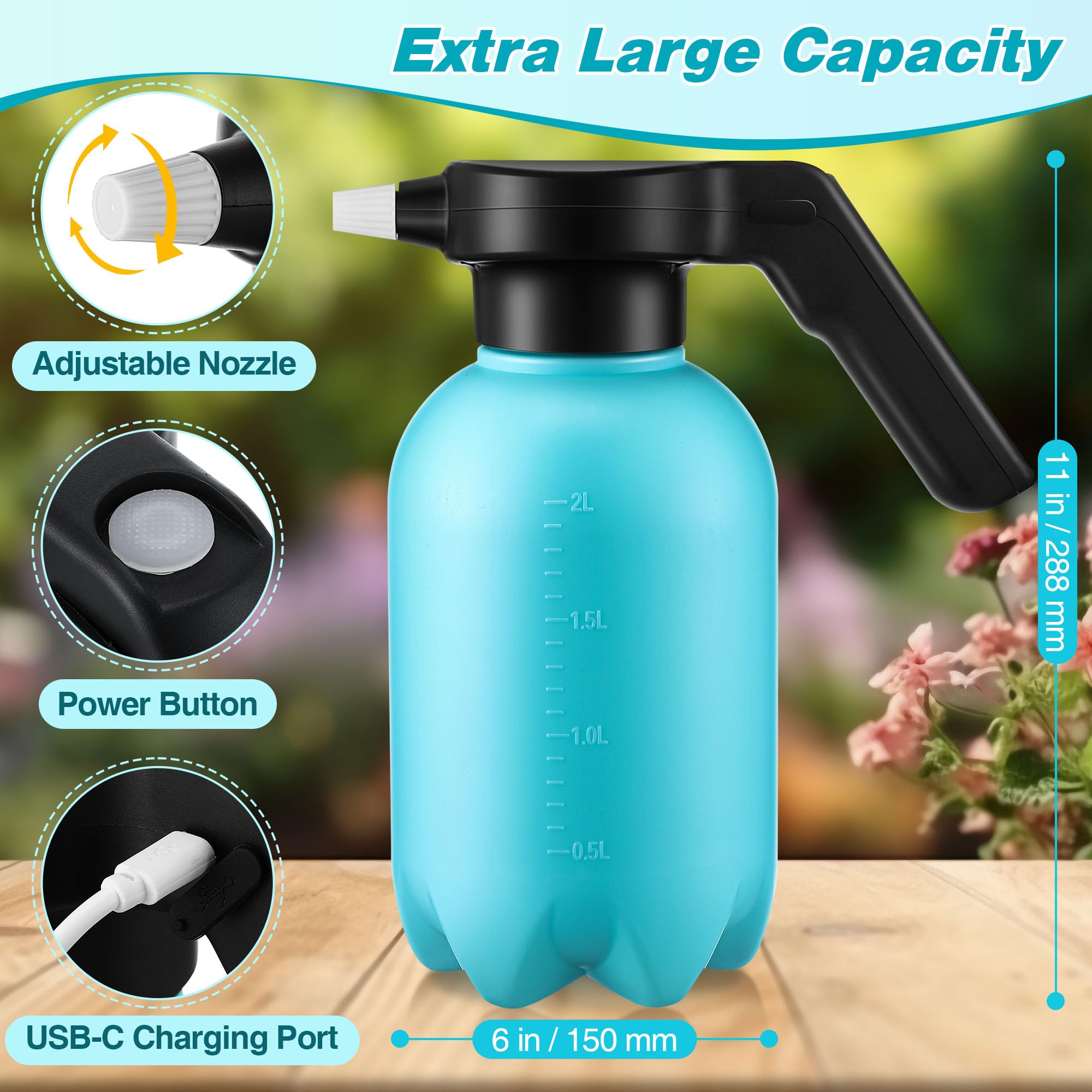 Vaporisateur électrique pour plantes d'intérieur et d'extérieur, 1,5 l, arrosoir automatique, alimenté par batterie rechargeable avec bec réglable pour le jardinage, le nettoyage (style bleu)