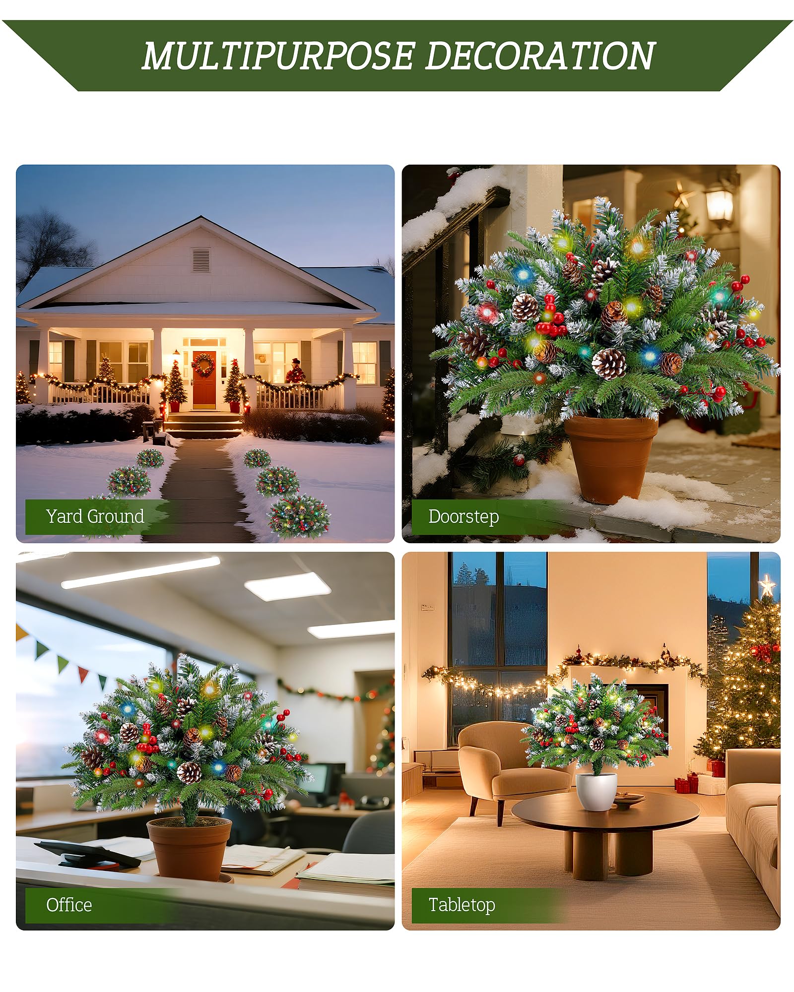 Juego de 2 rellenos de macetas de Navidad para porche delantero al aire libre, árbol de Navidad artificial preiluminado con control remoto, rellenos de macetas navideñas con temporizador