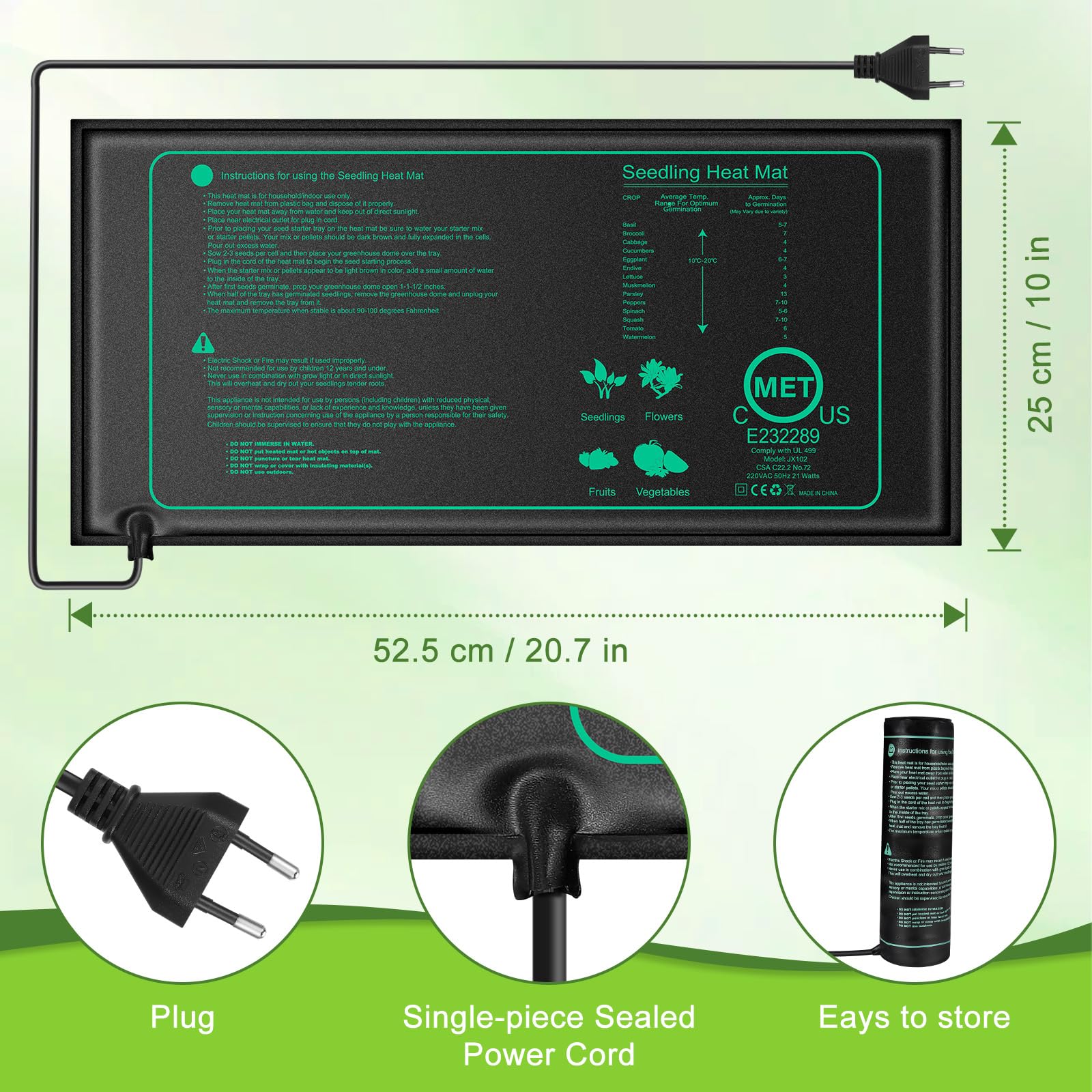 2 Stück Sämling Heizung Matte, 20 Watt Heizmatte Pflanzen, Zimmergewächshaus Wärmematte für Sämling Germination, Reptil heizmatten, IPX7 Wasserdicht Heizmatte, Sicher und Haltbar, 25x52.5 cm