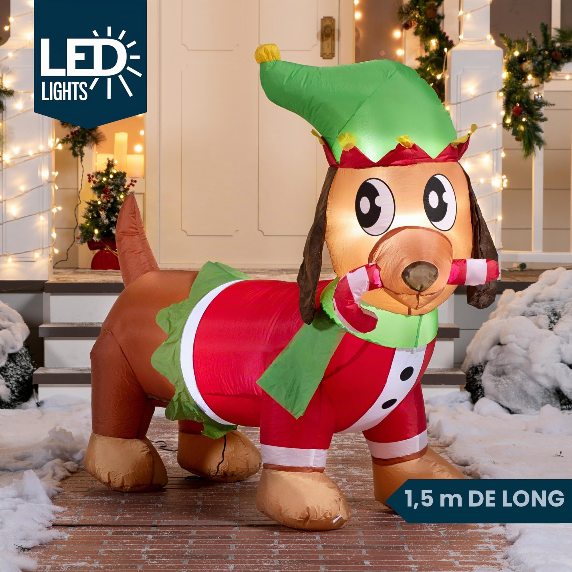 Joiedomi 183cm Chiot Gonflable de Noël Tenant Une Canne à Sucre d'orge - Décoration Gonflable en Plein air avec LED intégrées - pour fête de Noël, intérieur et extérieur - Cour, Jardin, pelouse
